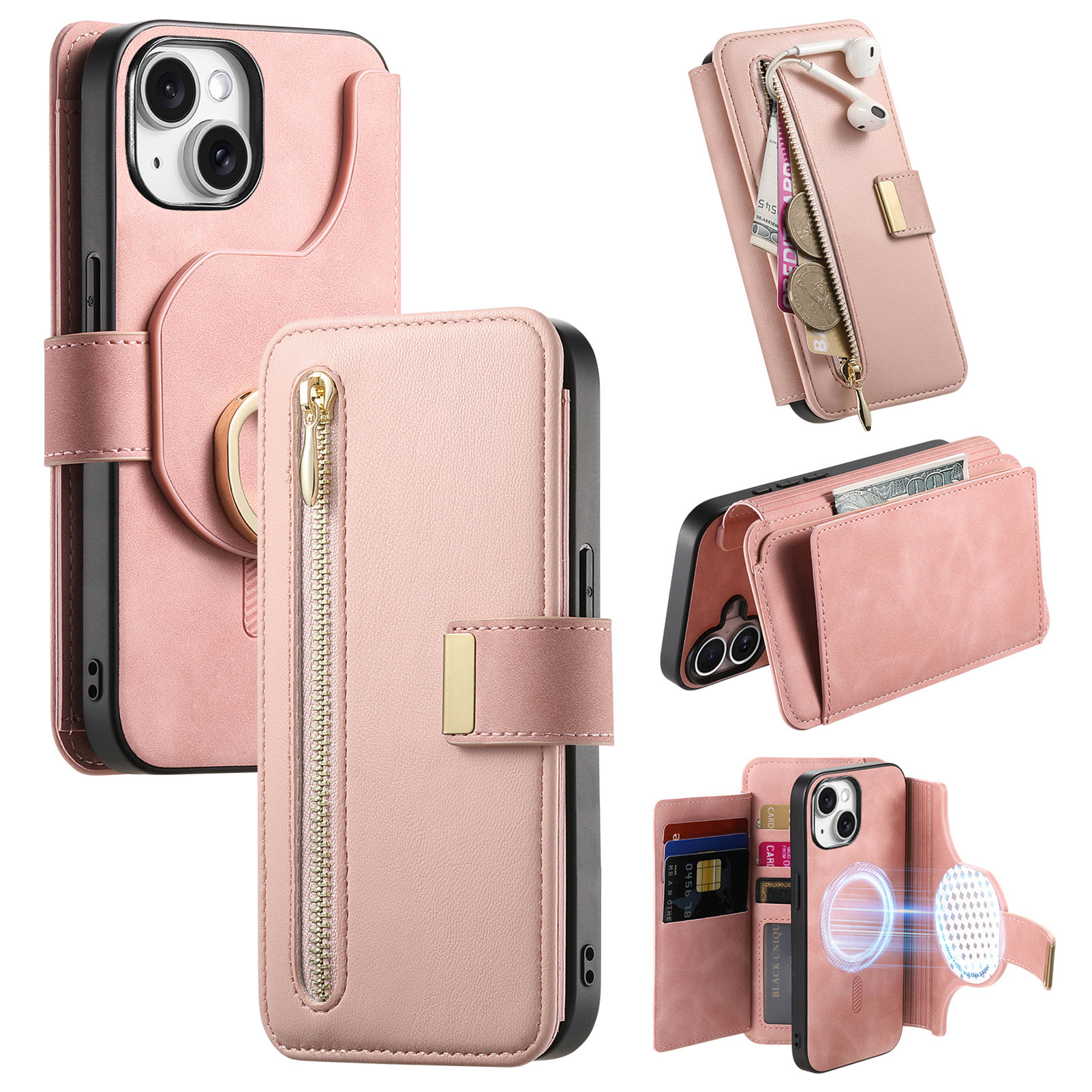 For iPhone 14 Magnetic Leather Case with Detachable RFID Blocking Zipper Wallet Cover - Pink