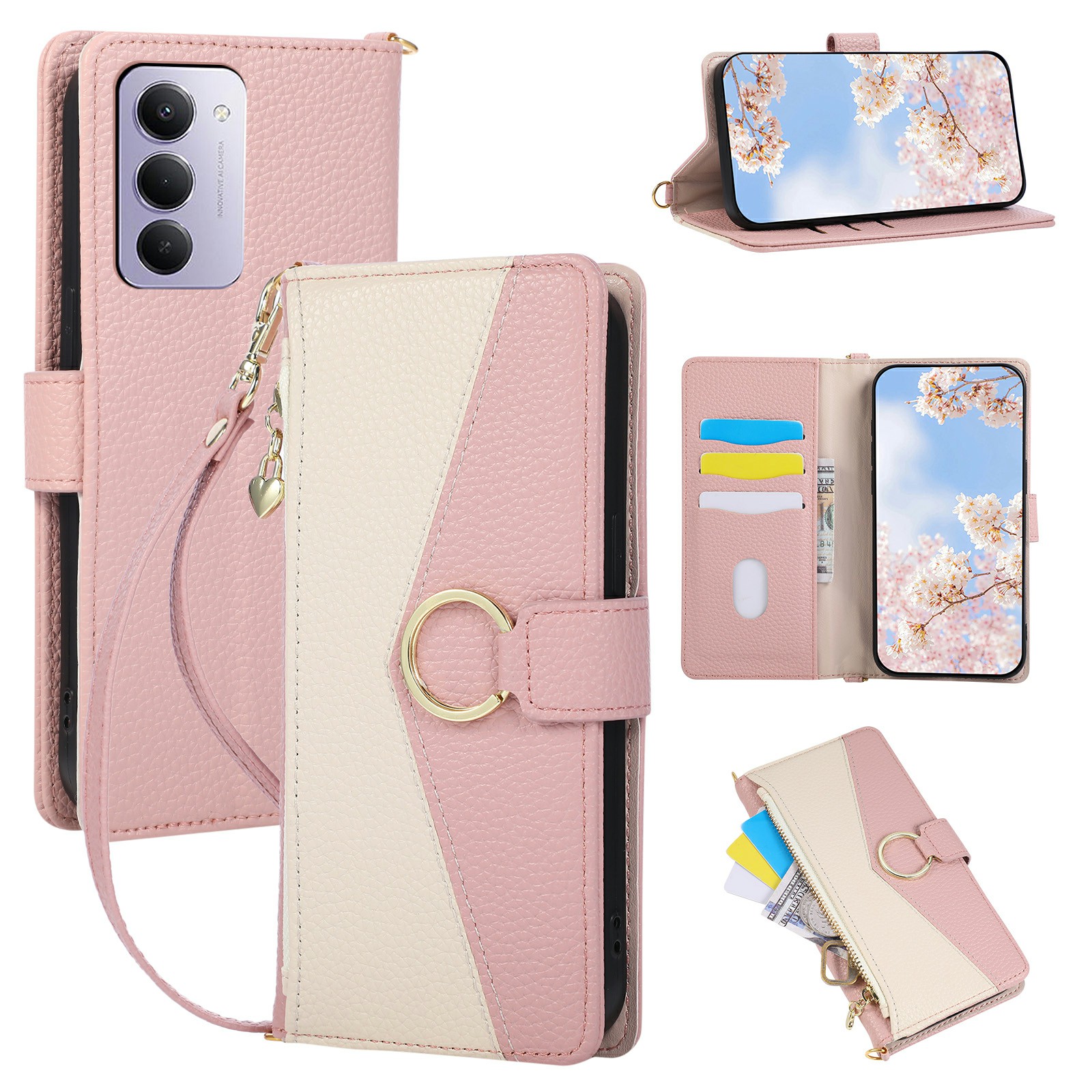 Wallet Case for Xiaomi Redmi 15 4G (EU) (171mm) / 15 5G (EU) (171mm) Triangular Splicing Zipper Leather Flip Cover with Wrist Strap - Pink