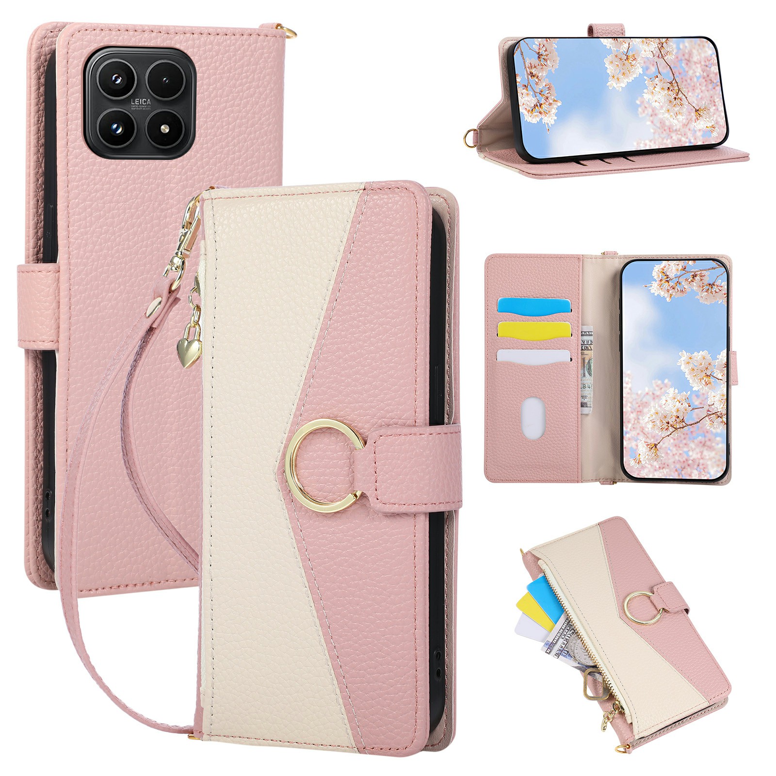 Wallet Case for Xiaomi 17 Triangular Splicing Zipper Leather Flip Cover with Wrist Strap - Pink