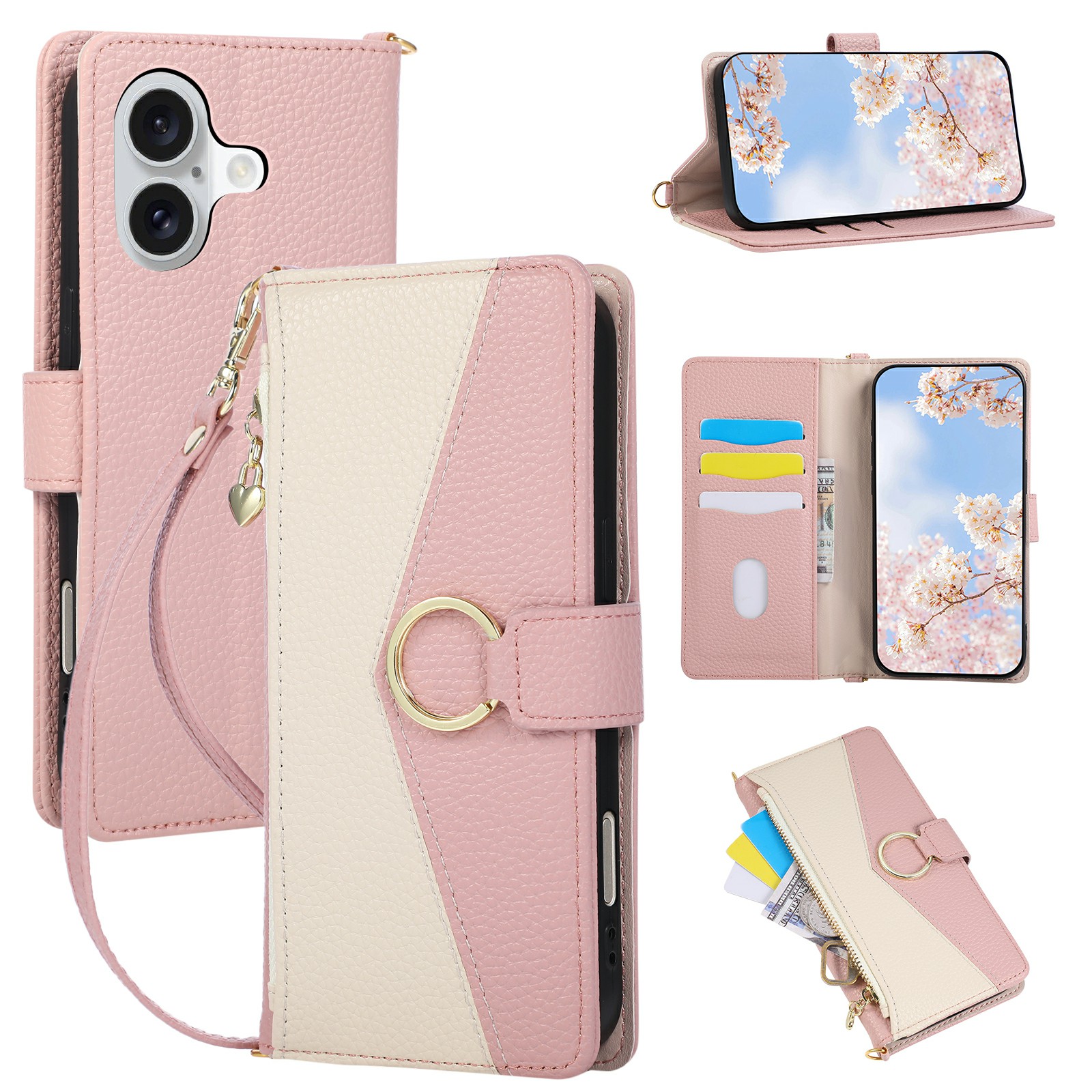 For iPhone 17 Wallet Case Triangular Splicing Zipper Leather Flip Cover with Wrist Strap - Pink