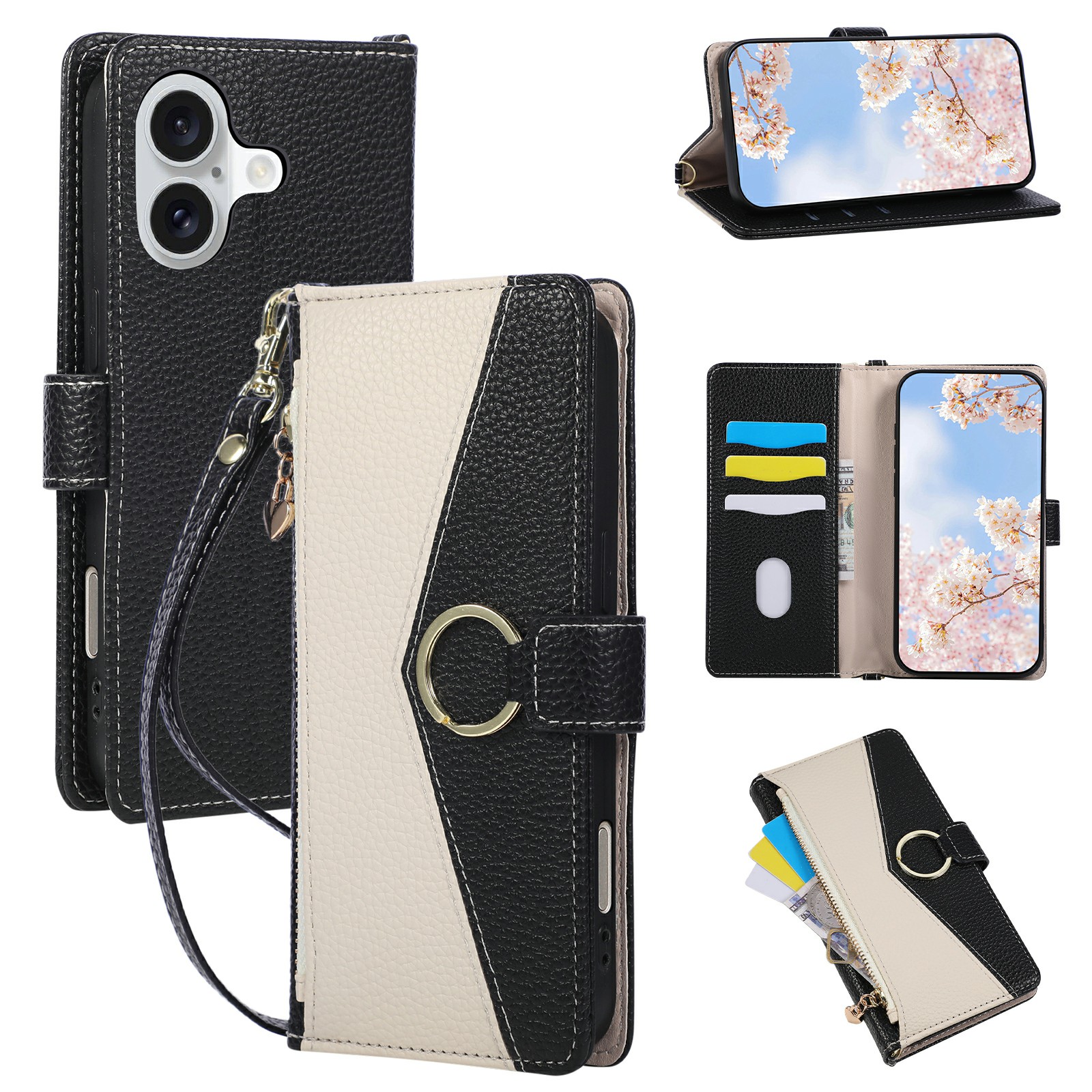 For iPhone 17 Wallet Case Triangular Splicing Zipper Leather Flip Cover with Wrist Strap - Black