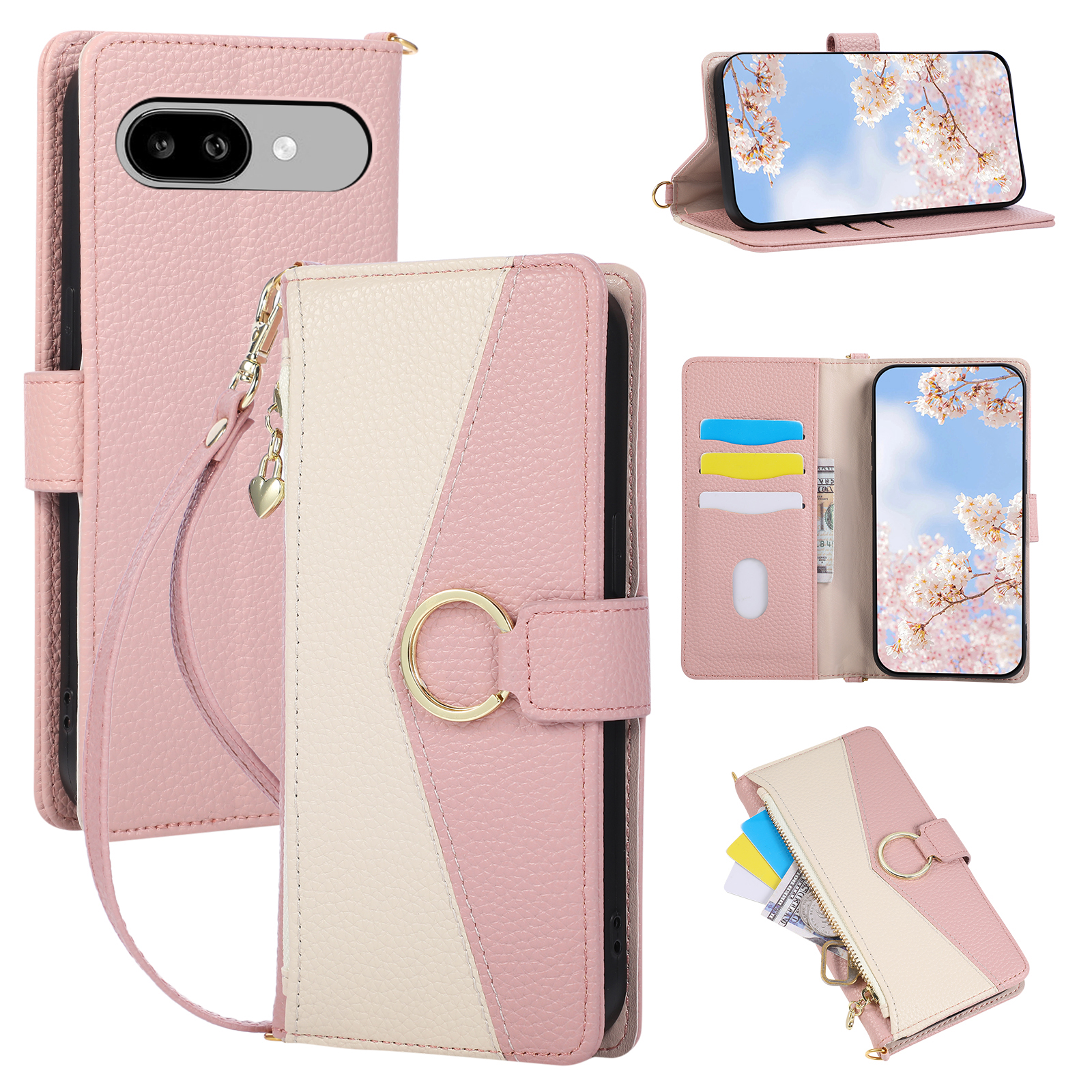 For Google Pixel 9a Triangular Splicing Zipper Leather Flip Cover with Wrist Strap - Pink