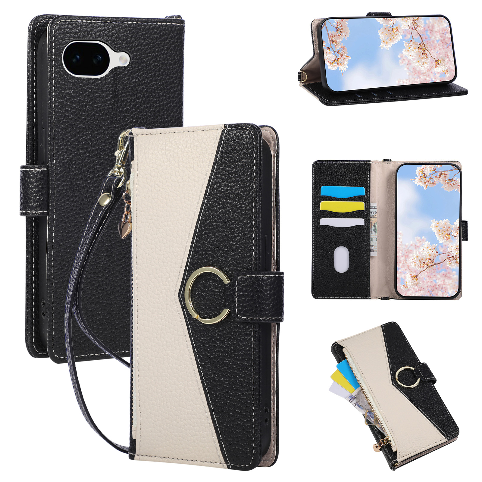 For Google Pixel 10a Triangular Splicing Zipper Leather Flip Cover with Wrist Strap - Black