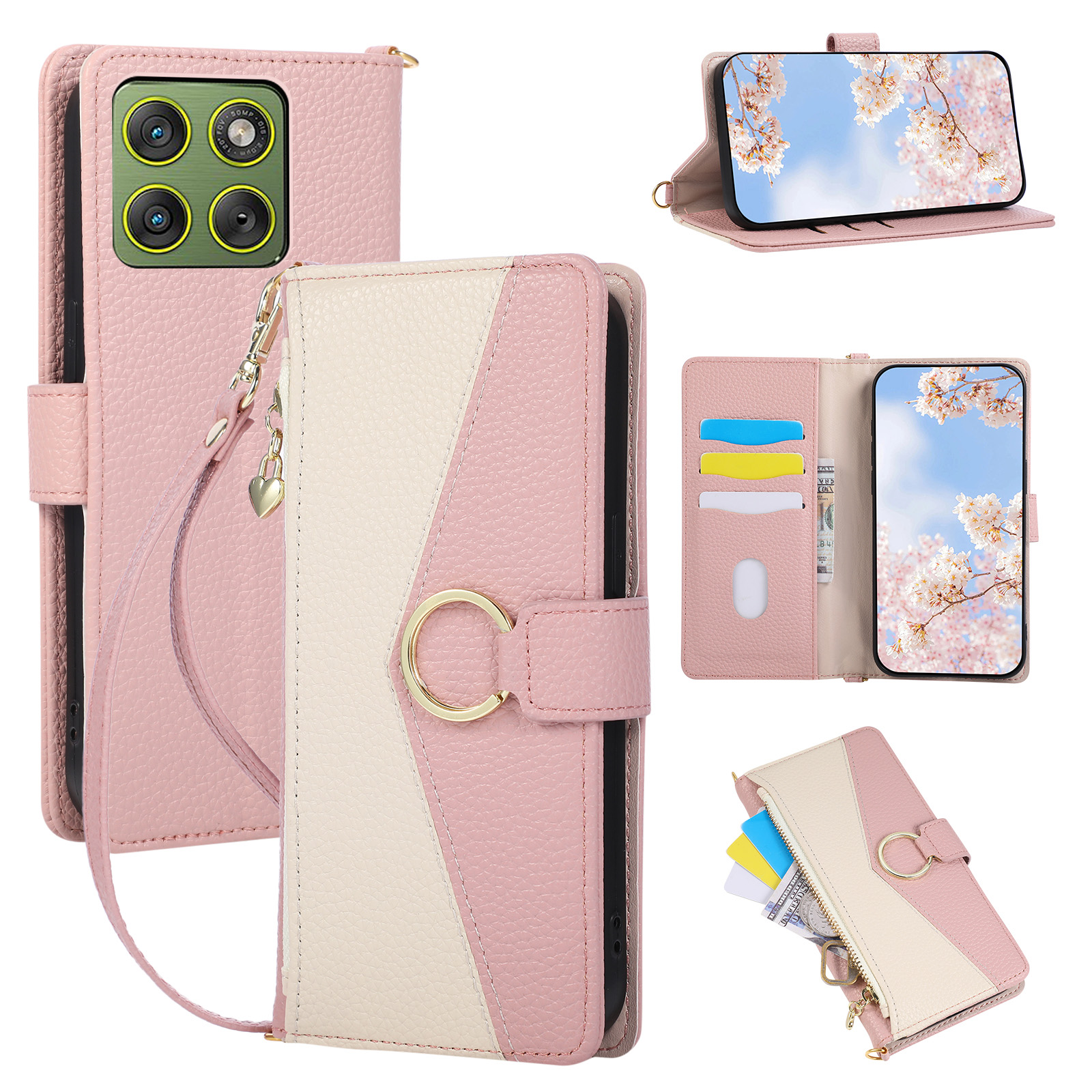 For Motorola Edge 70 5G Triangular Splicing Zipper Leather Flip Cover with Wrist Strap - Pink