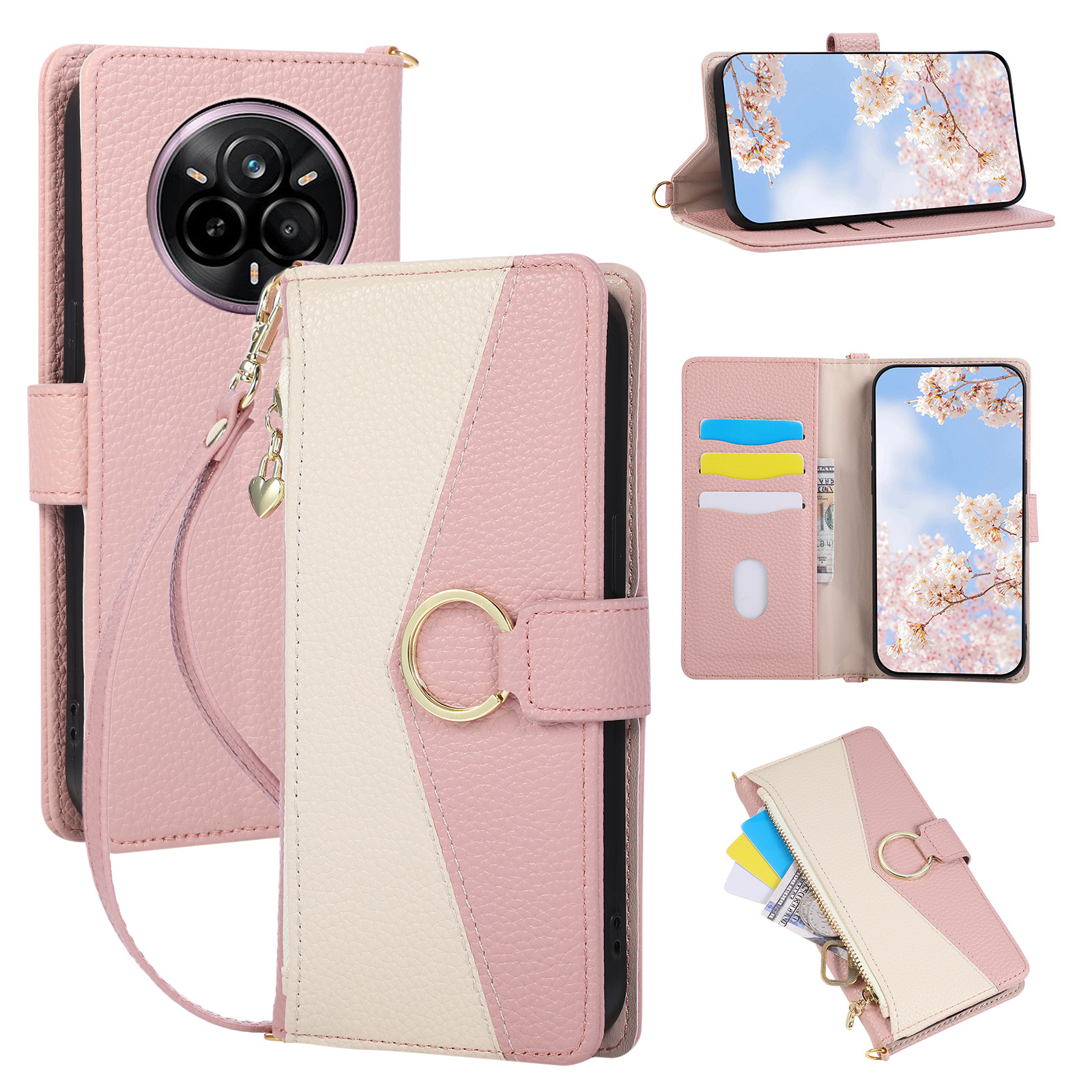 For Realme 14 Pro 5G Wallet Case Triangular Splicing Zipper Leather Flip Cover with Wrist Strap - Pink