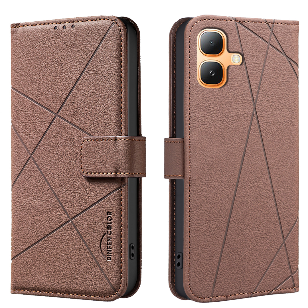 BINFEN COLOR For Infinix Smart 20 4G  BF35 Case Geometry Imprinted Leather Phone Cover RFID Blocking Wallet Stand - Brown