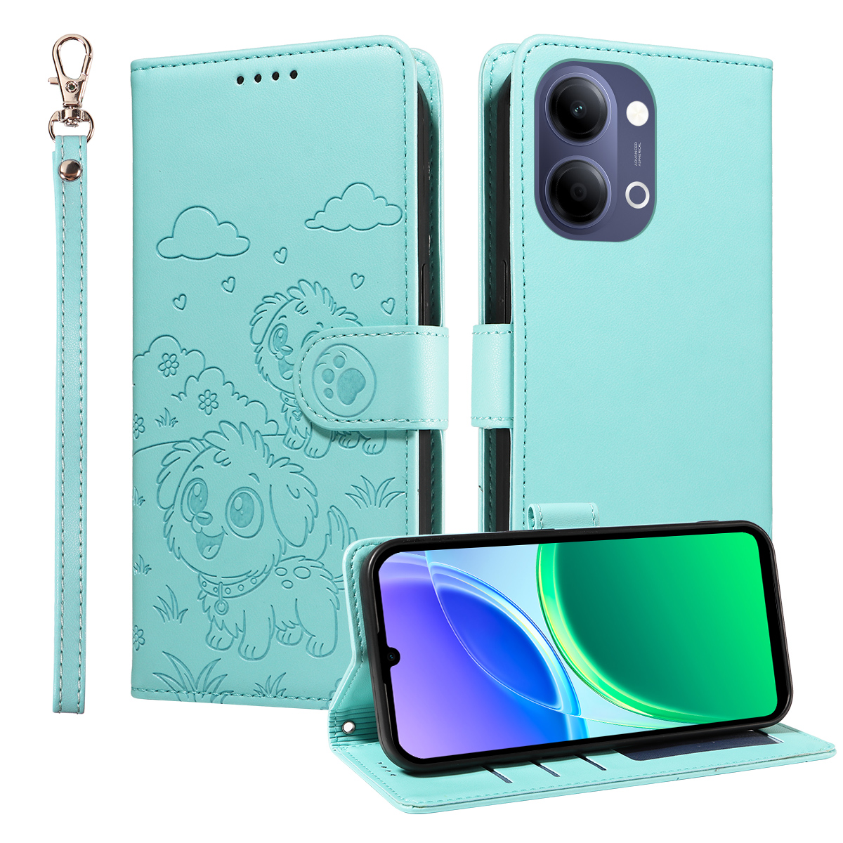 For vivo Y21 5G (2026) / vivo Y05 4G Case RFID Blocking Imprinted Dog Pattern PU Leather Phone Cover with Wrist Strap - Green