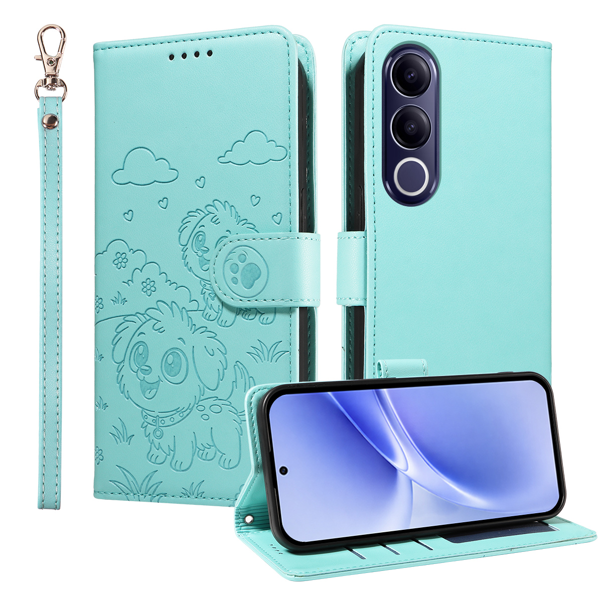 For vivo V70 FE 5G Case RFID Blocking Imprinted Dog Pattern PU Leather Phone Cover with Wrist Strap - Green