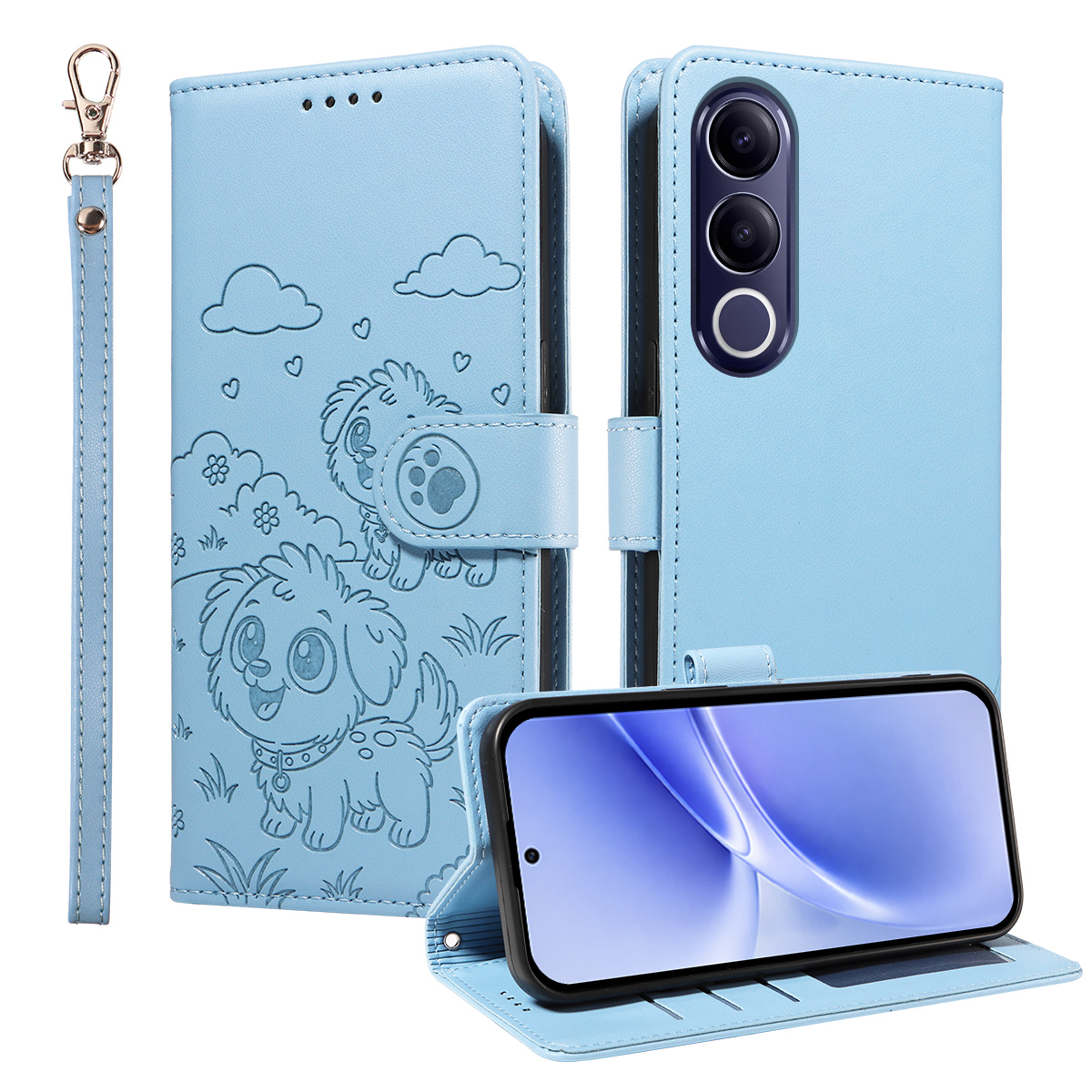 For vivo V70 FE 5G Case RFID Blocking Imprinted Dog Pattern PU Leather Phone Cover with Wrist Strap - Blue
