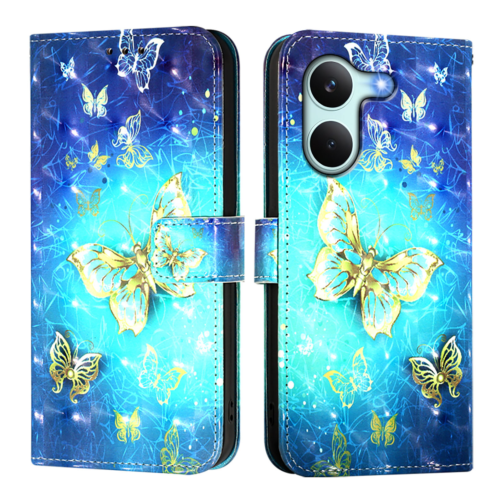 For Xiaomi Poco X8 Pro 5G / Xiaomi Redmi Turbo 5 5G Leather Case Pattern Printing Wallet Stand Mobile Cover with Strap - Golden Butterflies