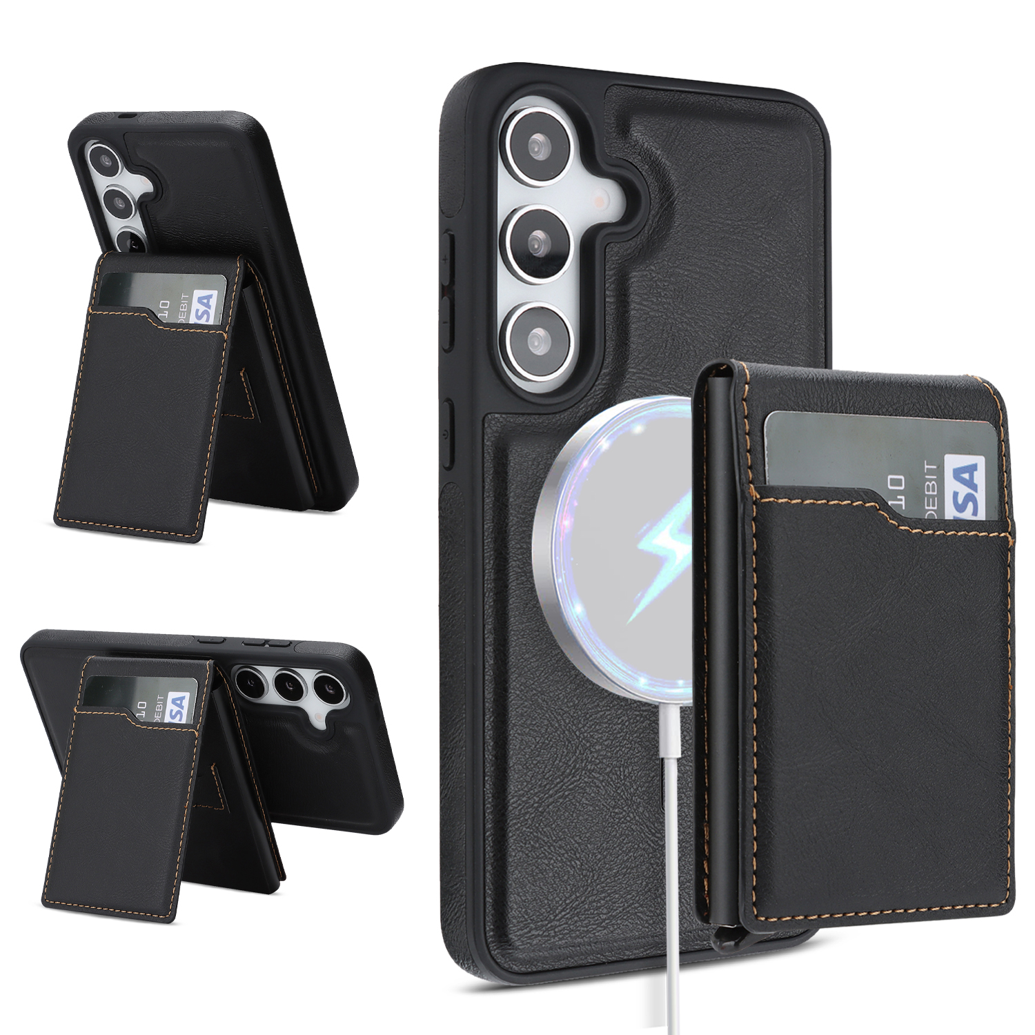 For Samsung Galaxy S26+ Magnetic Cover Kickstand Leather Back Phone Shell with Detachable Pop-Up Card Case - Black