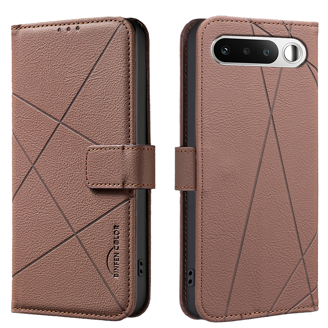 BINFEN COLOR For Realme 16 5G BF35 Case Geometry Imprinted Leather Phone Cover RFID Blocking Wallet Stand - Brown
