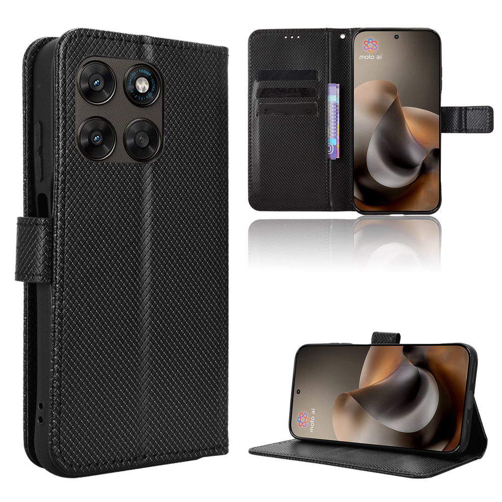 For Motorola Moto G77 5G / Motorola Moto G67 5G Leather Wallet Case with Strap Diamond Texture Phone Cover - Black