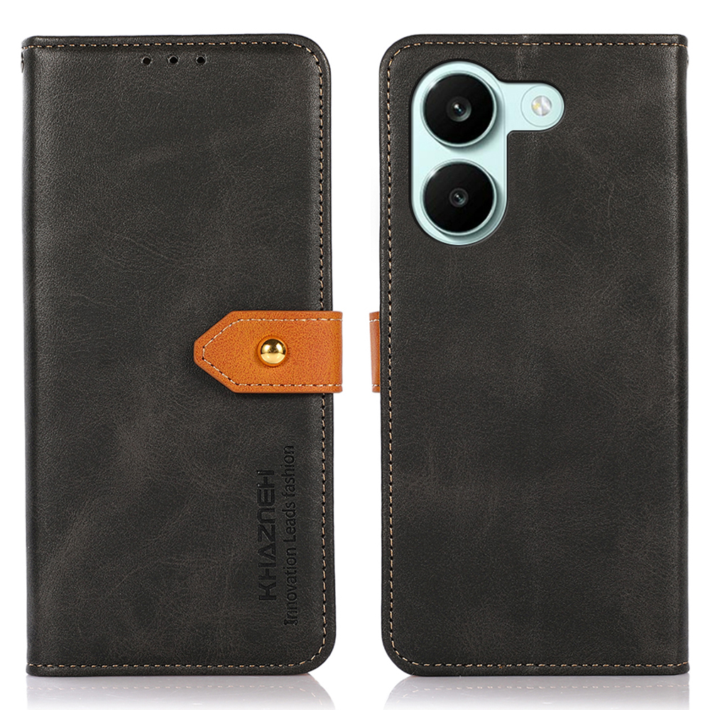 KHAZNEH Leather Wallet Case For Xiaomi Poco X8 Pro 5G  /  Redmi Turbo 5 5G Gold Magnetic Clasp Cowhide Texture Flip Stand Phone Cover - Black
