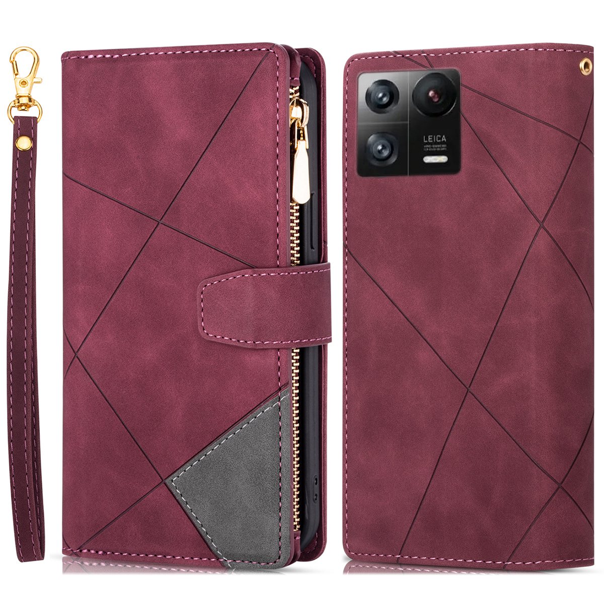

Für Xiaomi 13 Pro 5g Farbspleißen Reißverschluss Pocket Phone Hülle PU -leder -brieftasche Abdeckung - Rot, Xiaomi 13 Pro 5G