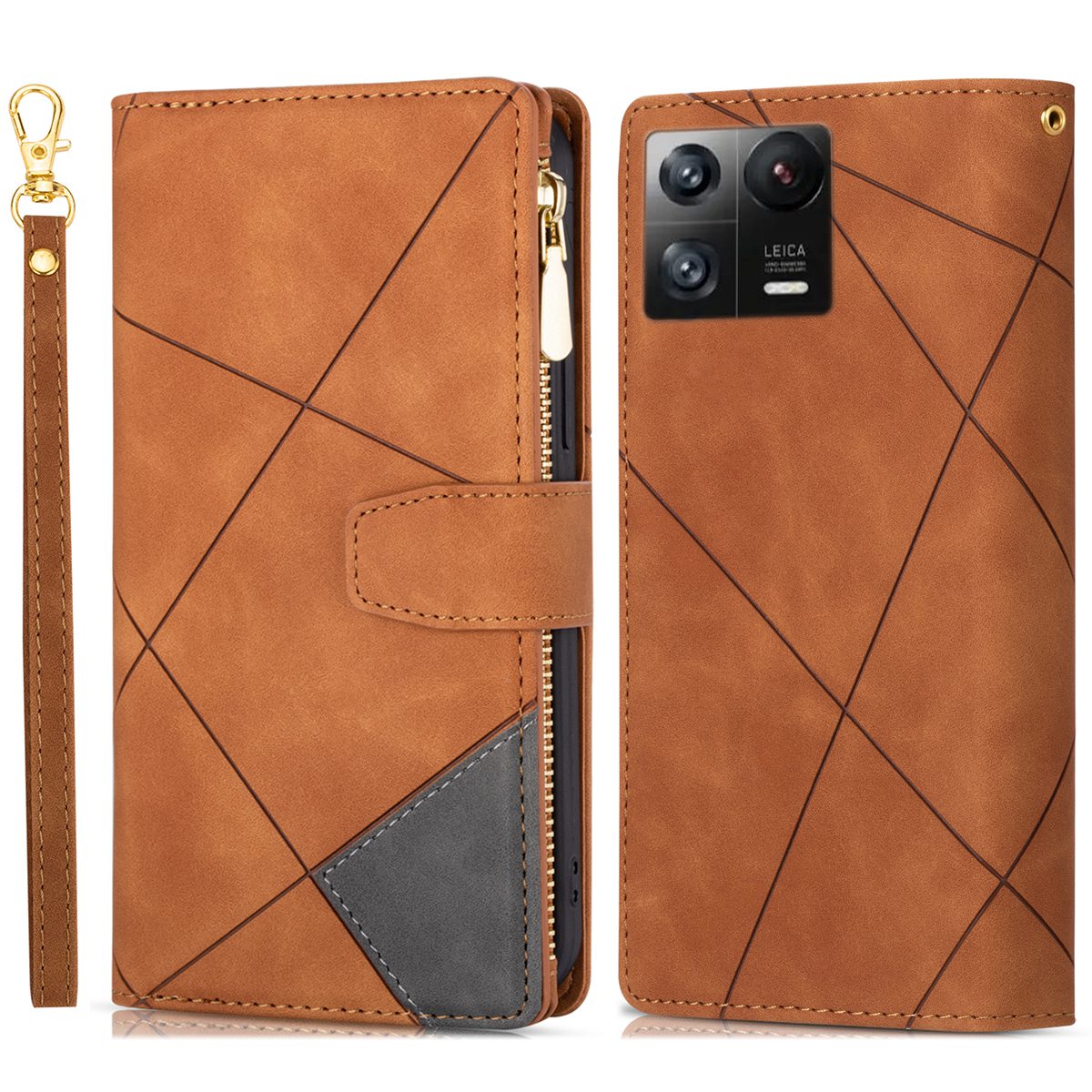

Für Xiaomi 13 Pro 5g Farbspleißen Reißverschluss Pocket Phone Hülle PU -leder -brieftasche Abdeckung - Braun, Xiaomi 13 Pro 5G