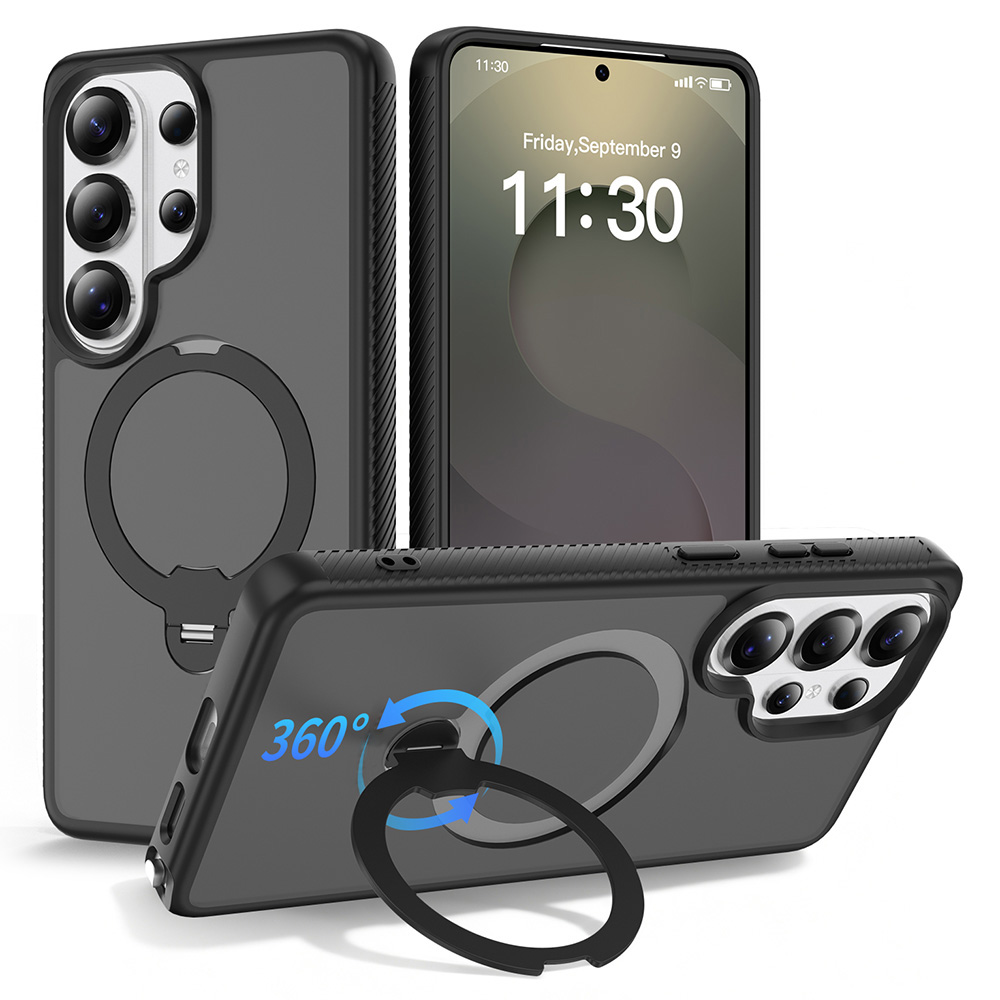 For Samsung Galaxy S26 Ultra Magnetic Case Rotary Kickstand PC + TPU Shockproof Phone Cover - Black