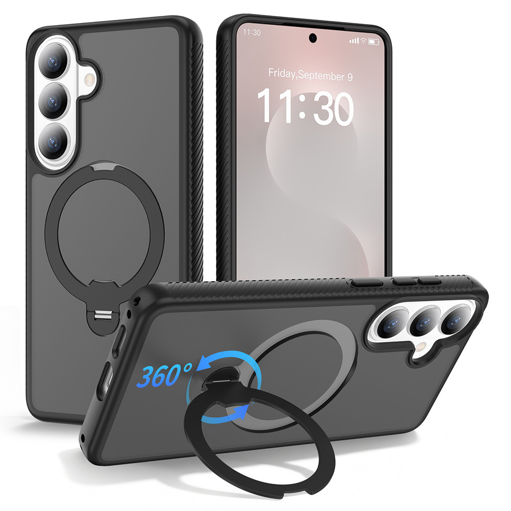 For Samsung Galaxy S26+ Magnetic Case Rotary Kickstand PC + TPU Shockproof Phone Cover - Black