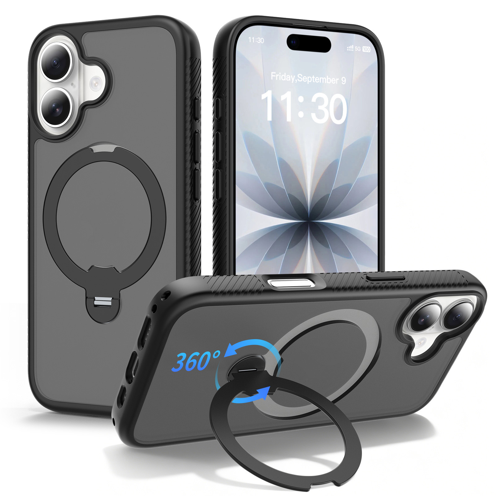 For iPhone 17 Magnetic Case Compatible with MagSafe Rotary Kickstand PC + TPU Shockproof Phone Cover - Black