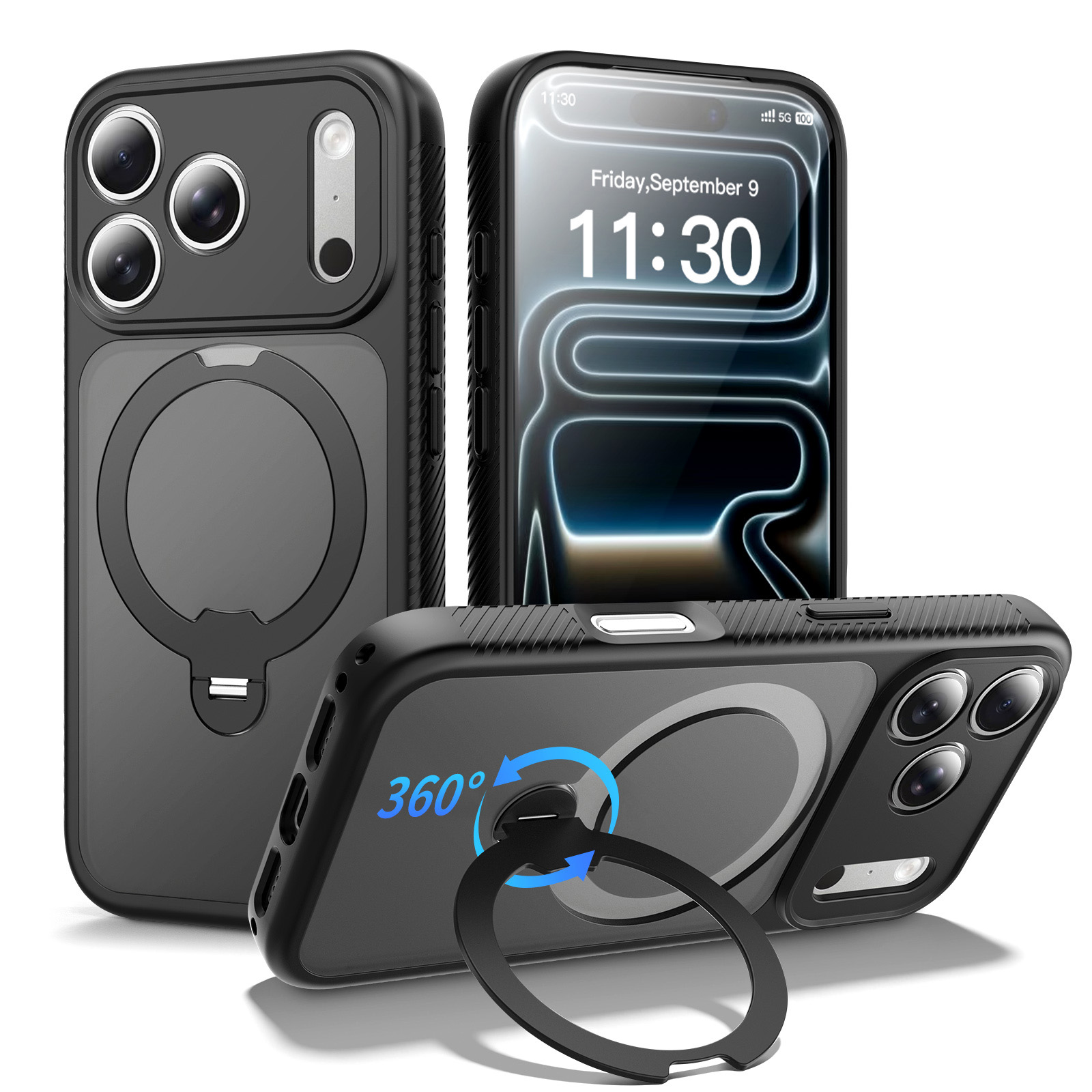 For iPhone 17 Pro Magnetic Case Compatible with MagSafe Rotary Kickstand PC + TPU Shockproof Phone Cover - Black