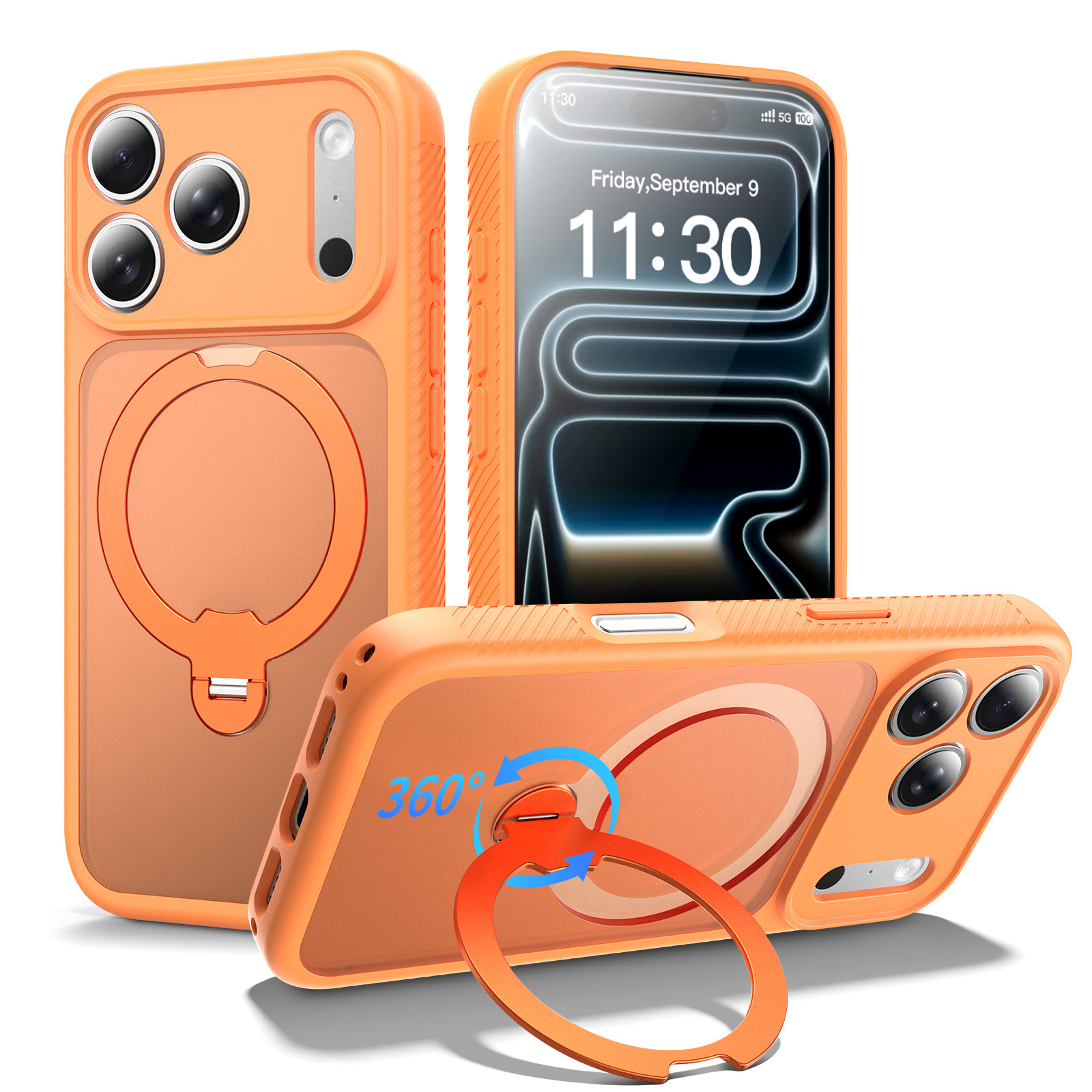 For iPhone 17 Pro Magnetic Case Compatible with MagSafe Rotary Kickstand PC + TPU Shockproof Phone Cover - Orange