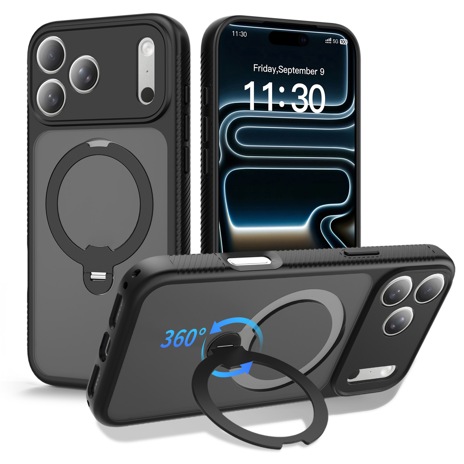 For iPhone 17 Pro Max Magnetic Case Compatible with MagSafe Rotary Kickstand PC + TPU Shockproof Phone Cover - Black