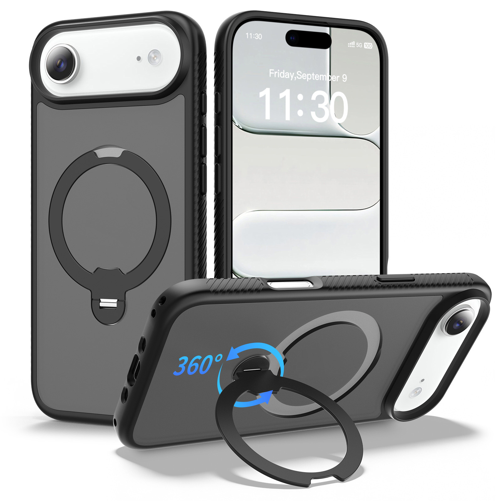 For iPhone Air Magnetic Case Compatible with MagSafe Rotary Kickstand PC + TPU Shockproof Phone Cover - Black