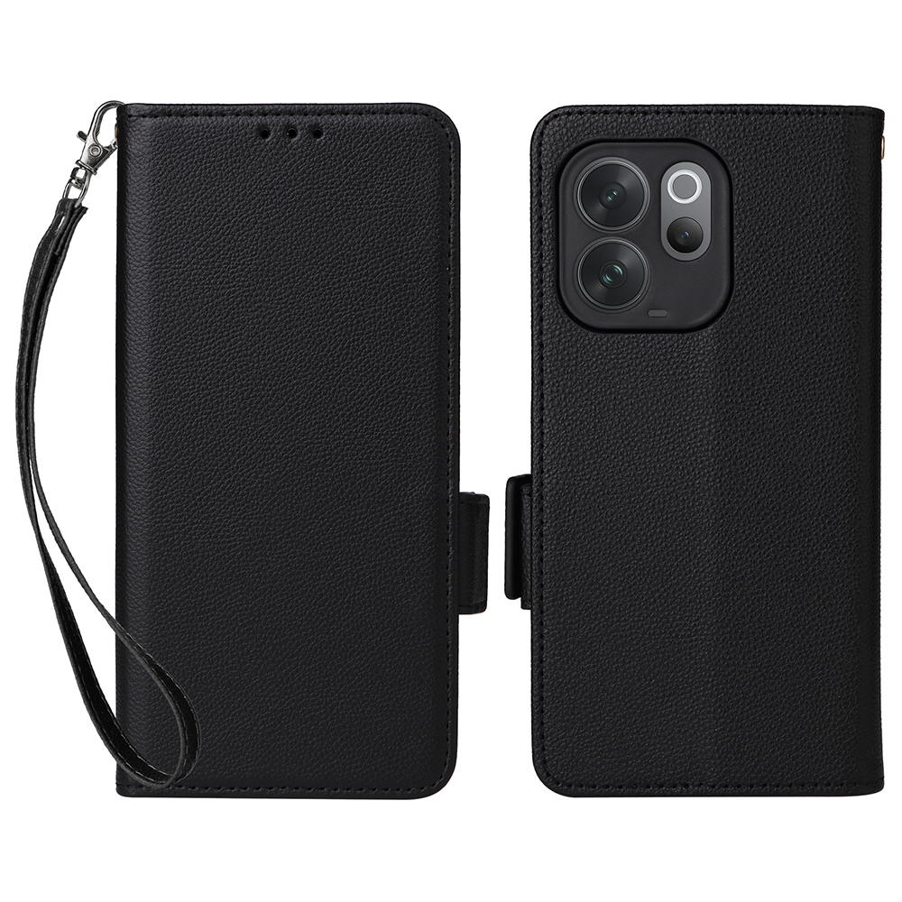 For vivo V70 5G  /  V70 Elite 5G Litchi Texture Wallet Leather Phone Cover with Wrist Strap - Black
