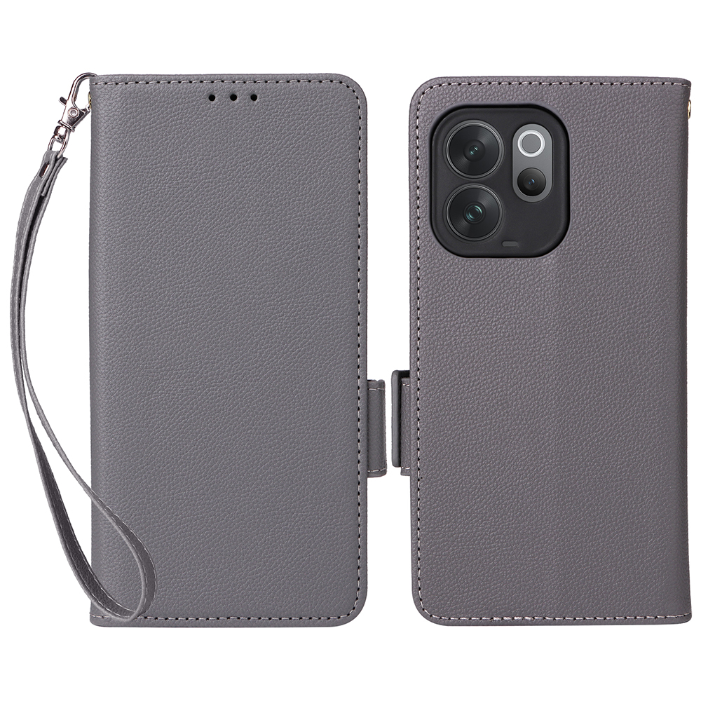 For vivo V70 5G  /  V70 Elite 5G Litchi Texture Wallet Leather Phone Cover with Wrist Strap - Grey