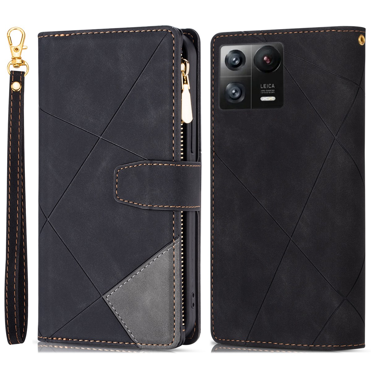 

Für Xiaomi 13 Reißverschlusspocket PU Leder Farbspleißabdeckung Geprinte Linien Stand Magnetic Flip Wallet Telefon Mit Riemen - Schwarz, Xiaomi 13