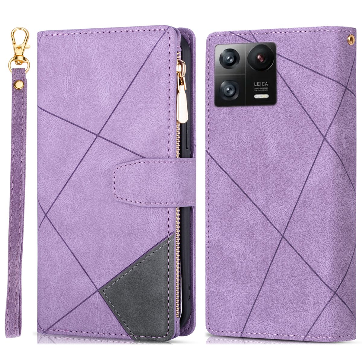 

Für Xiaomi 13 Reißverschlusspocket PU Leder Farbspleißabdeckung Geprinte Linien Stand Magnetic Flip Wallet Telefon Mit Riemen - Violett, Xiaomi 13