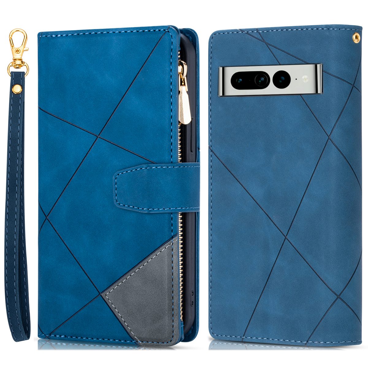 

Für Google Pixel 7 Pro 5G Farbspleißen Leder Reißverschluss Taschenbrieftasche Deckabdeckung Telefonständer Schutzhülle - Blau, Google Pixel 7 Pro 5G