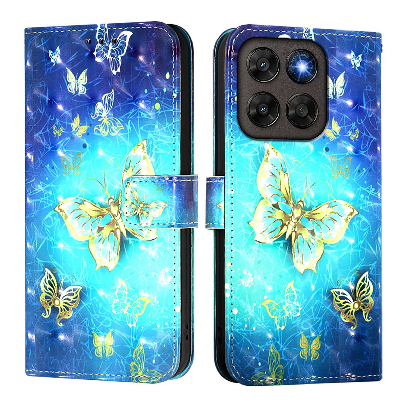 For Motorola Moto G77 5G / Motorola Moto G67 5G Leather Case Pattern Printing Wallet Stand Mobile Cover with Strap - Golden Butterflies