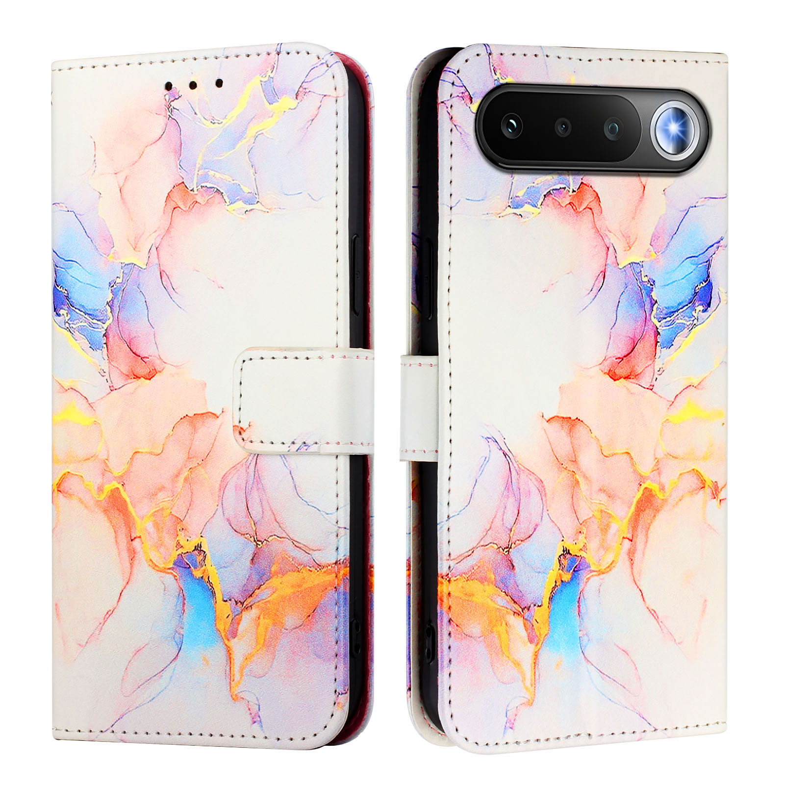 For Realme 16 5G Case with Strap Marble Pattern Leather Phone Cover Card Holder - Milky Way Marble White LS004