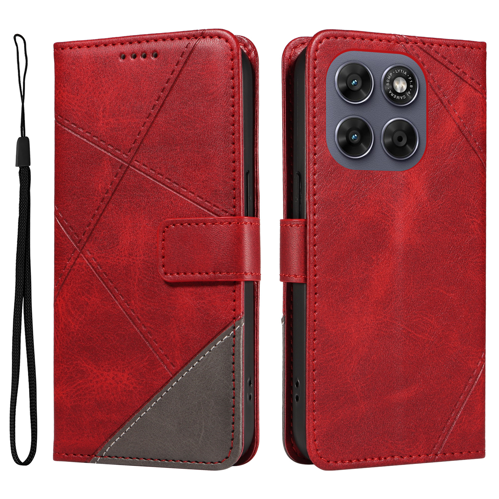 For Motorola Moto G77 5G / Motorola Moto G67 5G Leather Case Geometric Line Design Wallet Phone Cover with Wrist Strap - Red