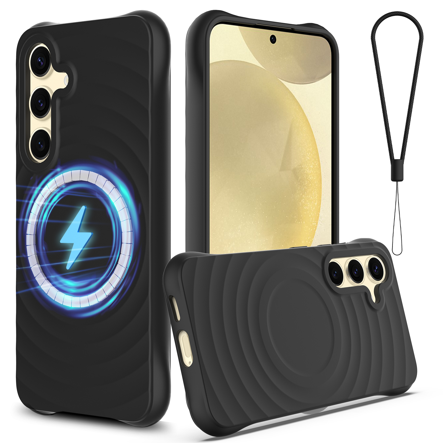 For Samsung Galaxy S26+ Magnetic Case Ripple Texture Liquid Silicone Protective Cover with Strap - Black