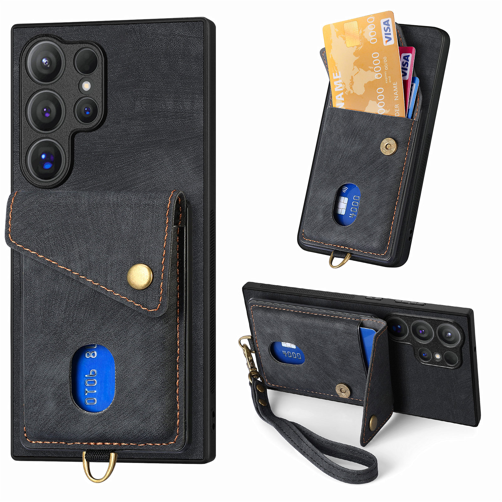 For Samsung Galaxy S26 Ultra Case with Card Holder Kickstand Leather Phone Back Cover - Black