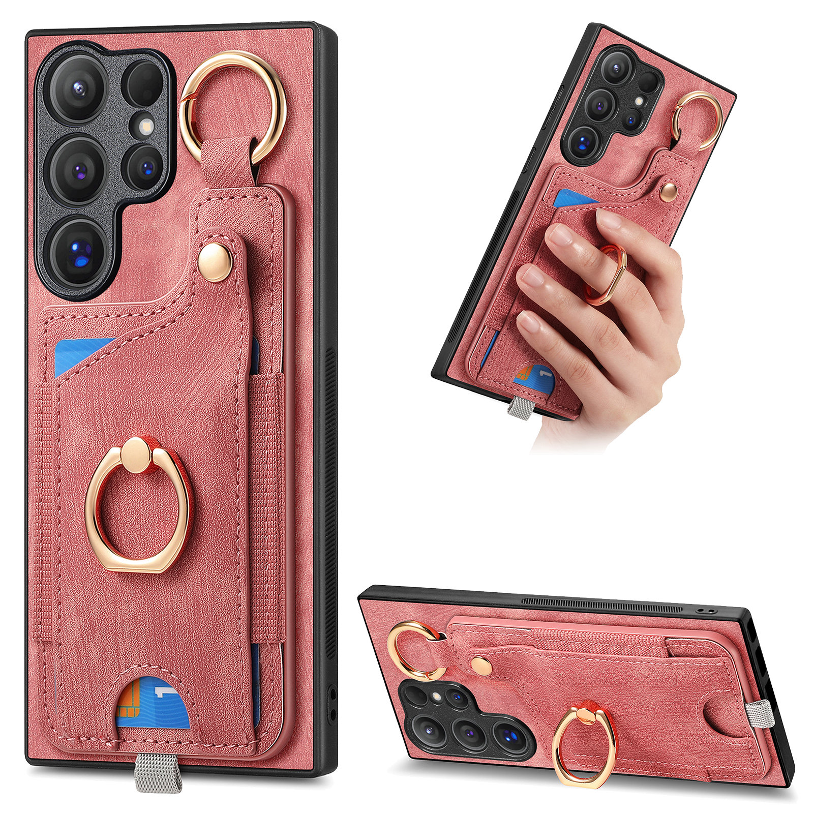 For Samsung Galaxy S26 Ultra Retro Leather Phone Back Cover with Card Slots and Ring Holder - Pink