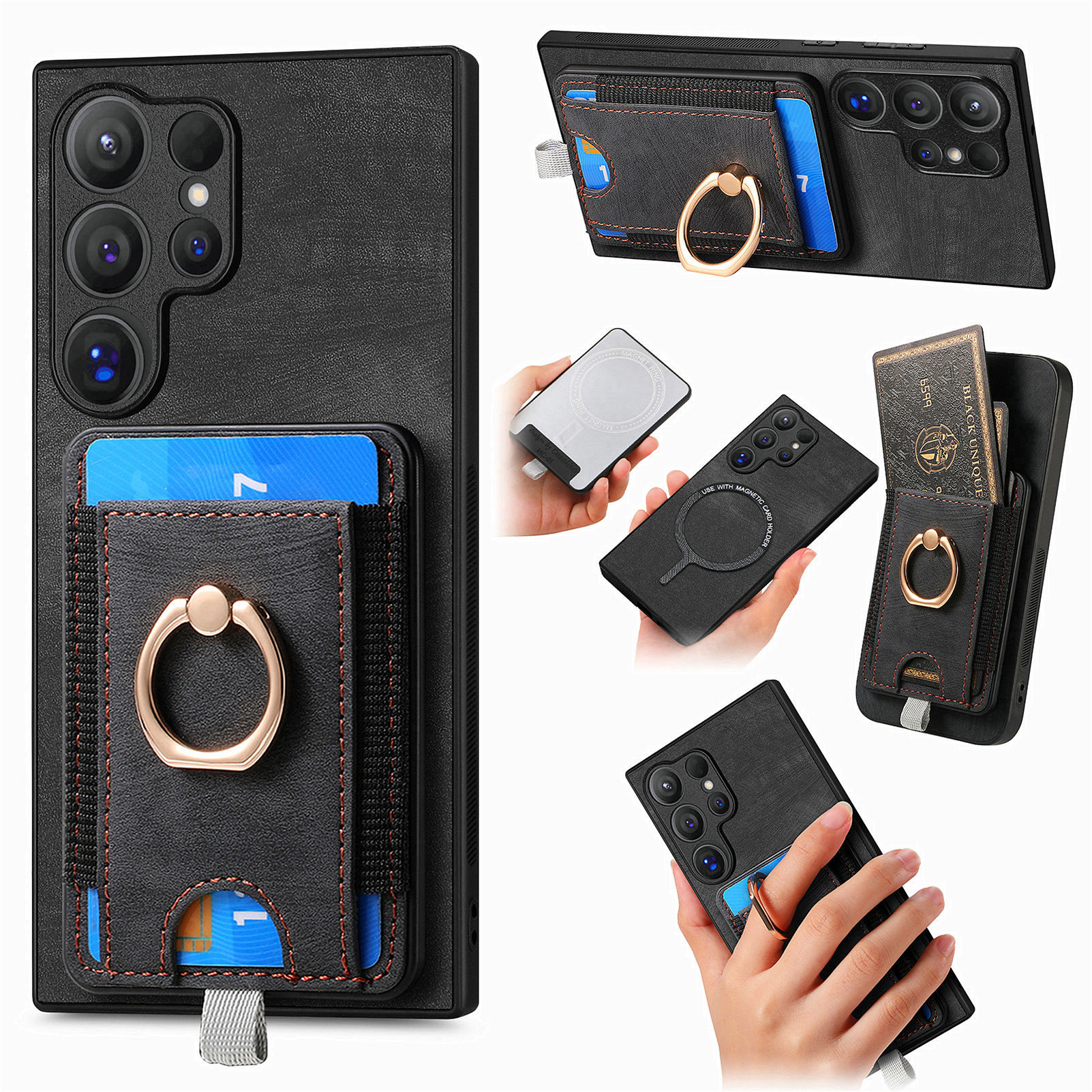 For Samsung Galaxy S26 Ultra Magnetic Case PU Leather Back Cover with Detachable Card Holder - Black