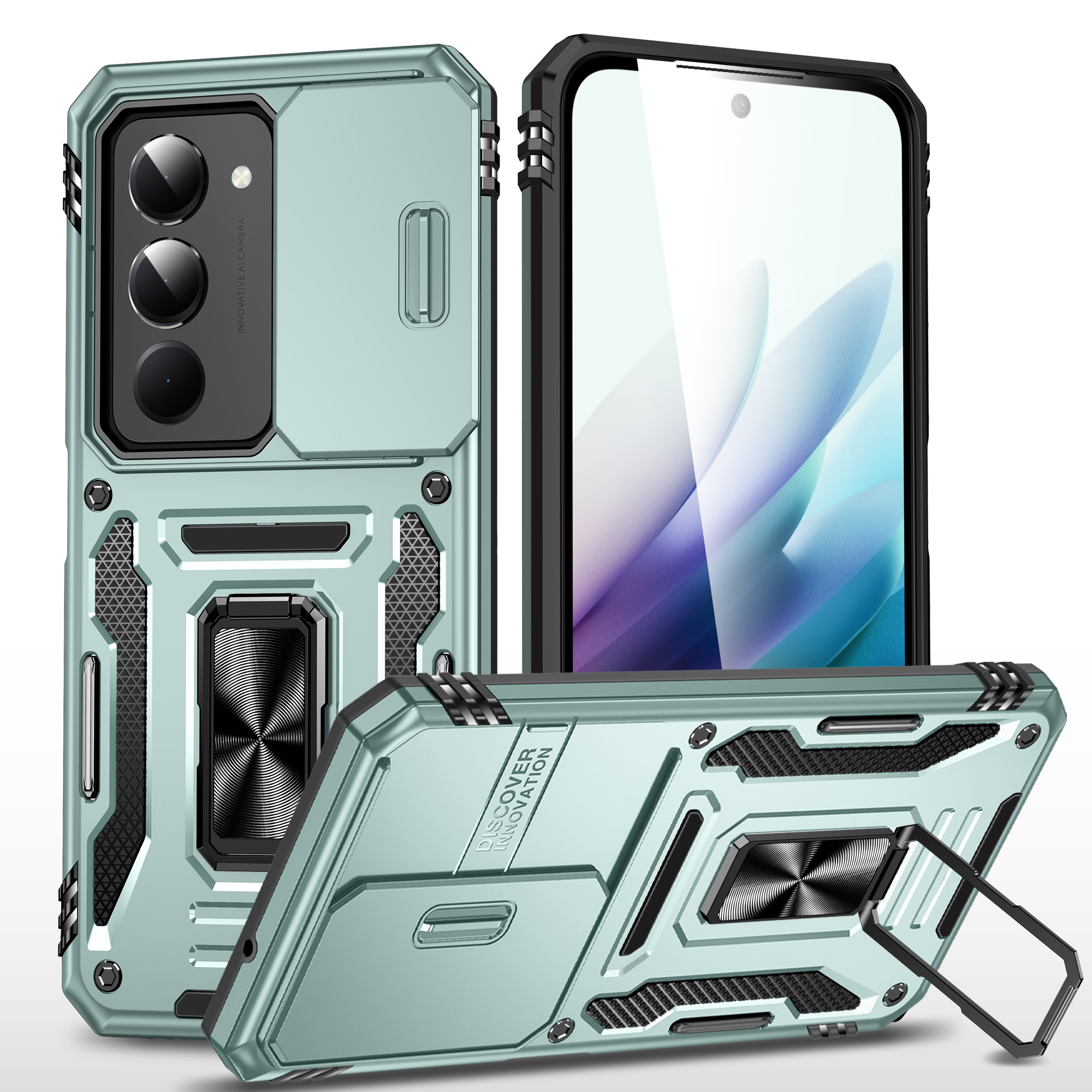 For Xiaomi 15 Case Kickstand Slide Lens Lid PC + TPU Drop-Proof Phone Cover - Green