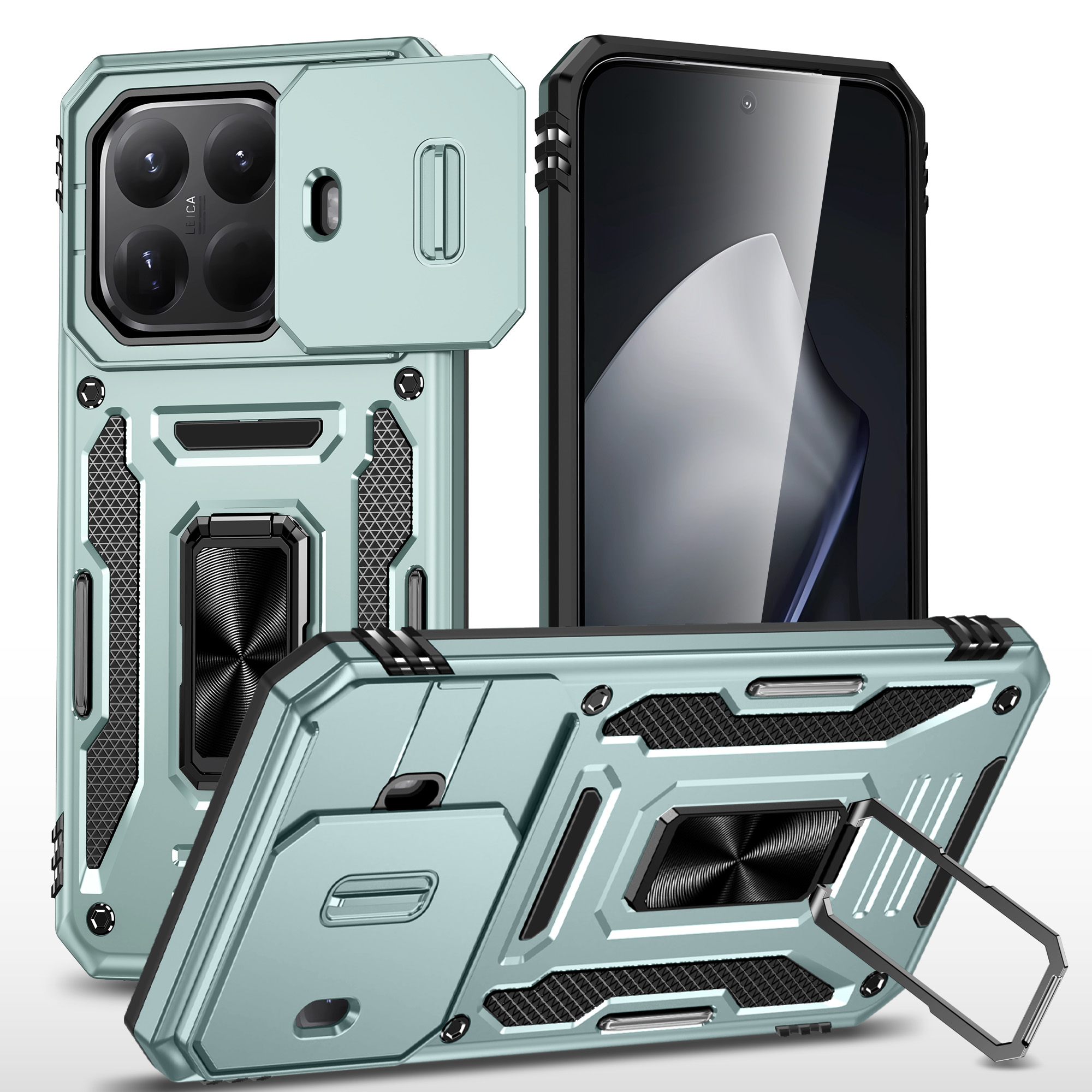 For Xiaomi 15T Pro Case Kickstand Slide Lens Lid PC + TPU Drop-Proof Phone Cover - Green