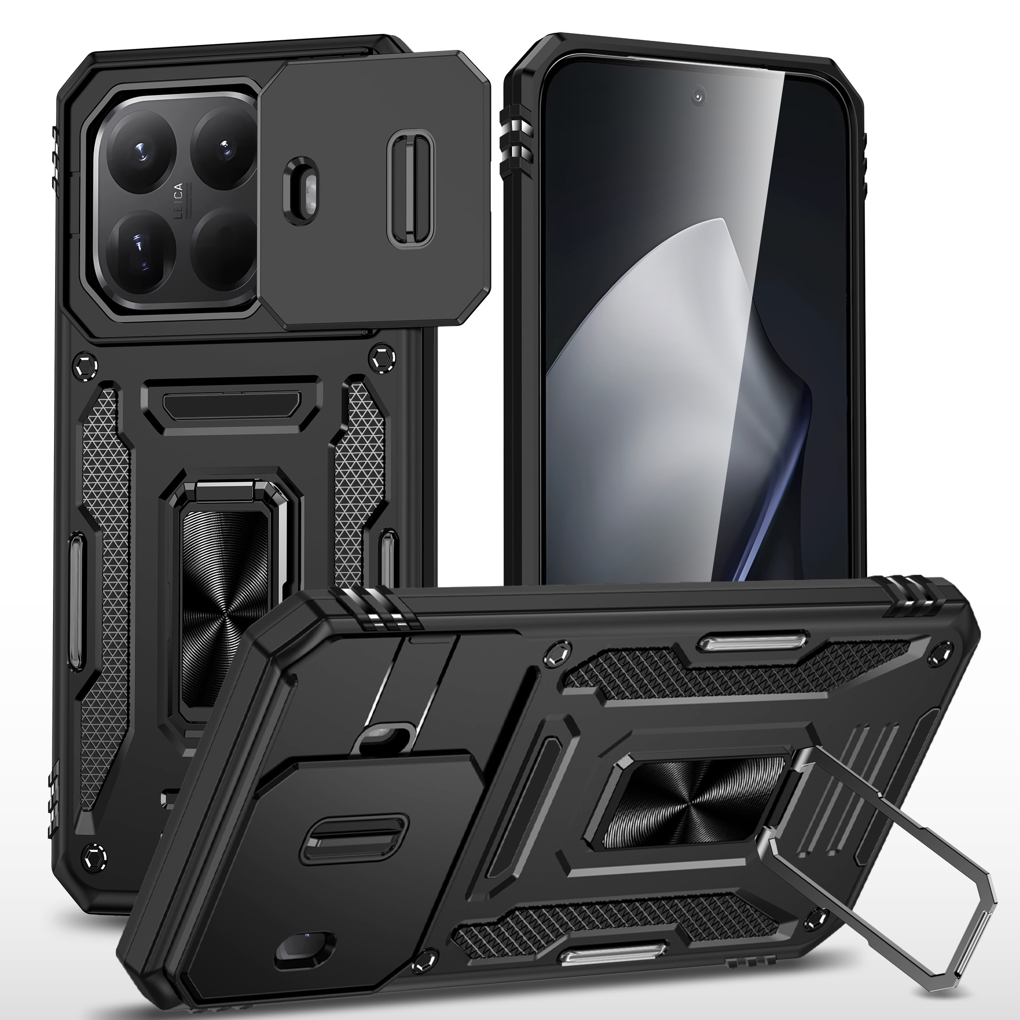 For Xiaomi 15T Pro Case Kickstand Slide Lens Lid PC + TPU Drop-Proof Phone Cover - Black