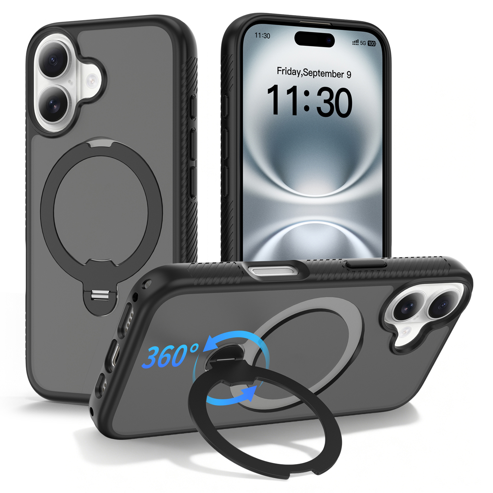 For iPhone 16 Magnetic Case Compatible with MagSafe Rotary Kickstand PC + TPU Shockproof Phone Cover - Black