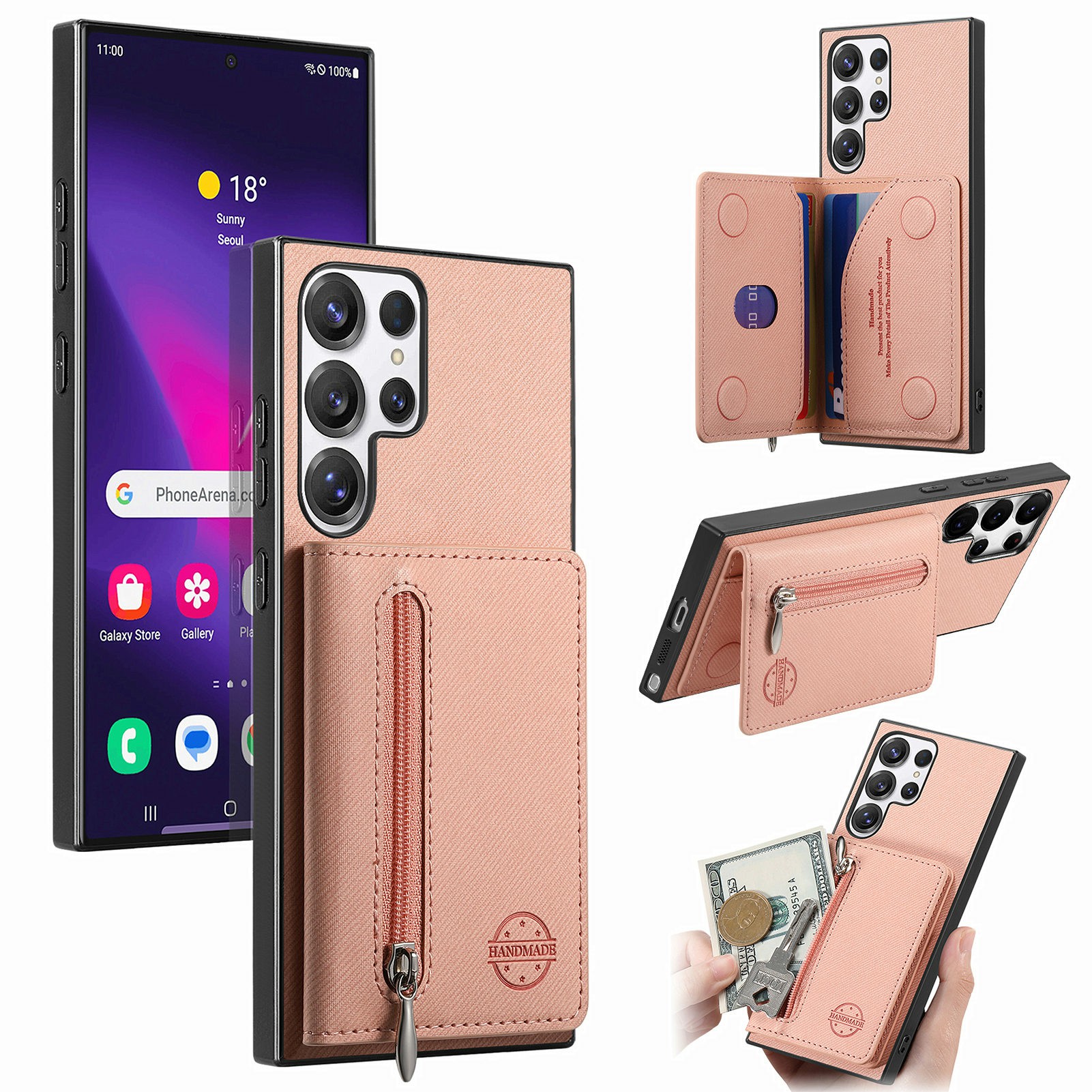 Phone Case For Samsung Galaxy S26 Ultra Zipper Card Holder Kickstand Jeans Cloth Texture Leather Back Cover - Pink