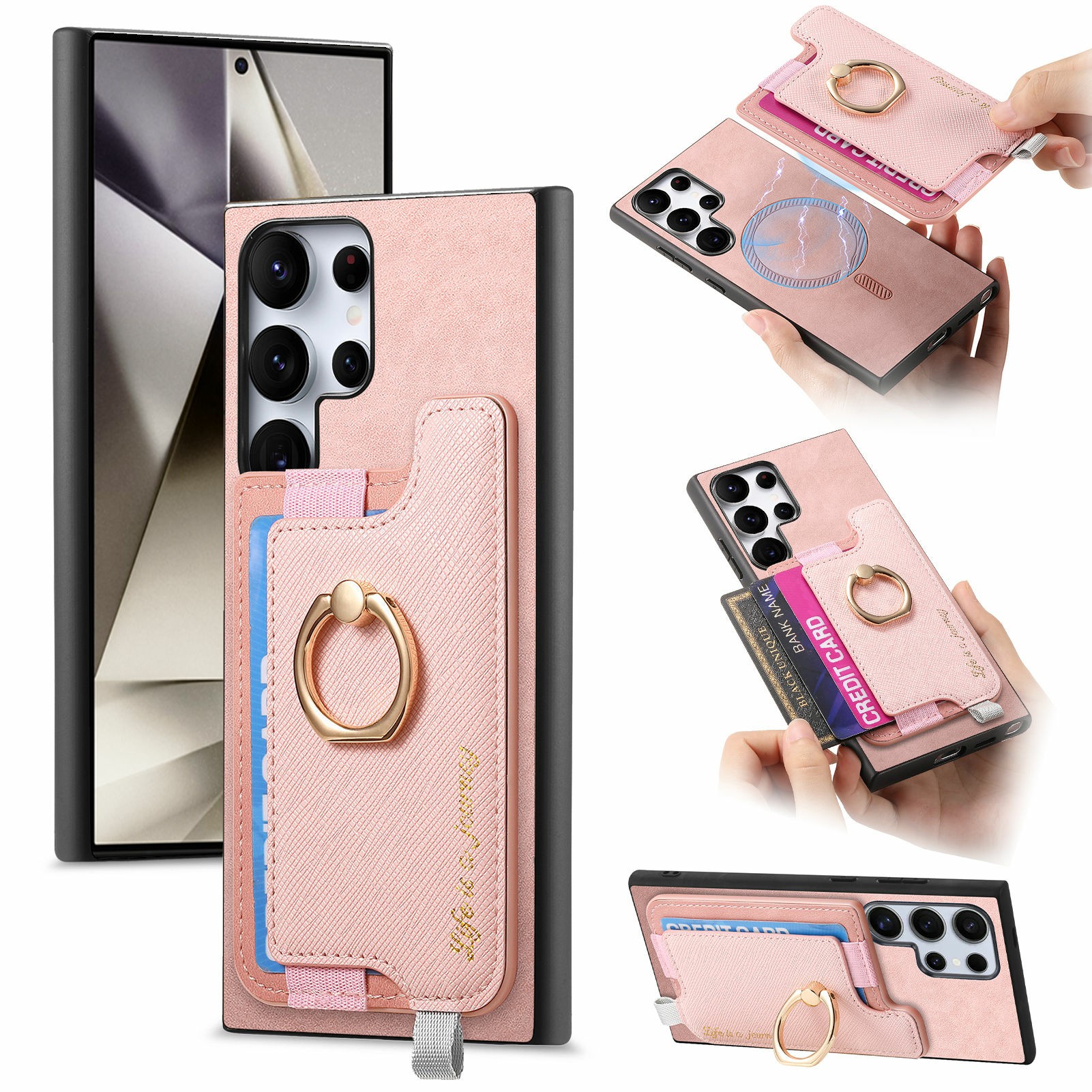 For Samsung Galaxy S26 Ultra Case 2 in 1 Magnetic Detachable Card Holder Leather Back Cover - Pink