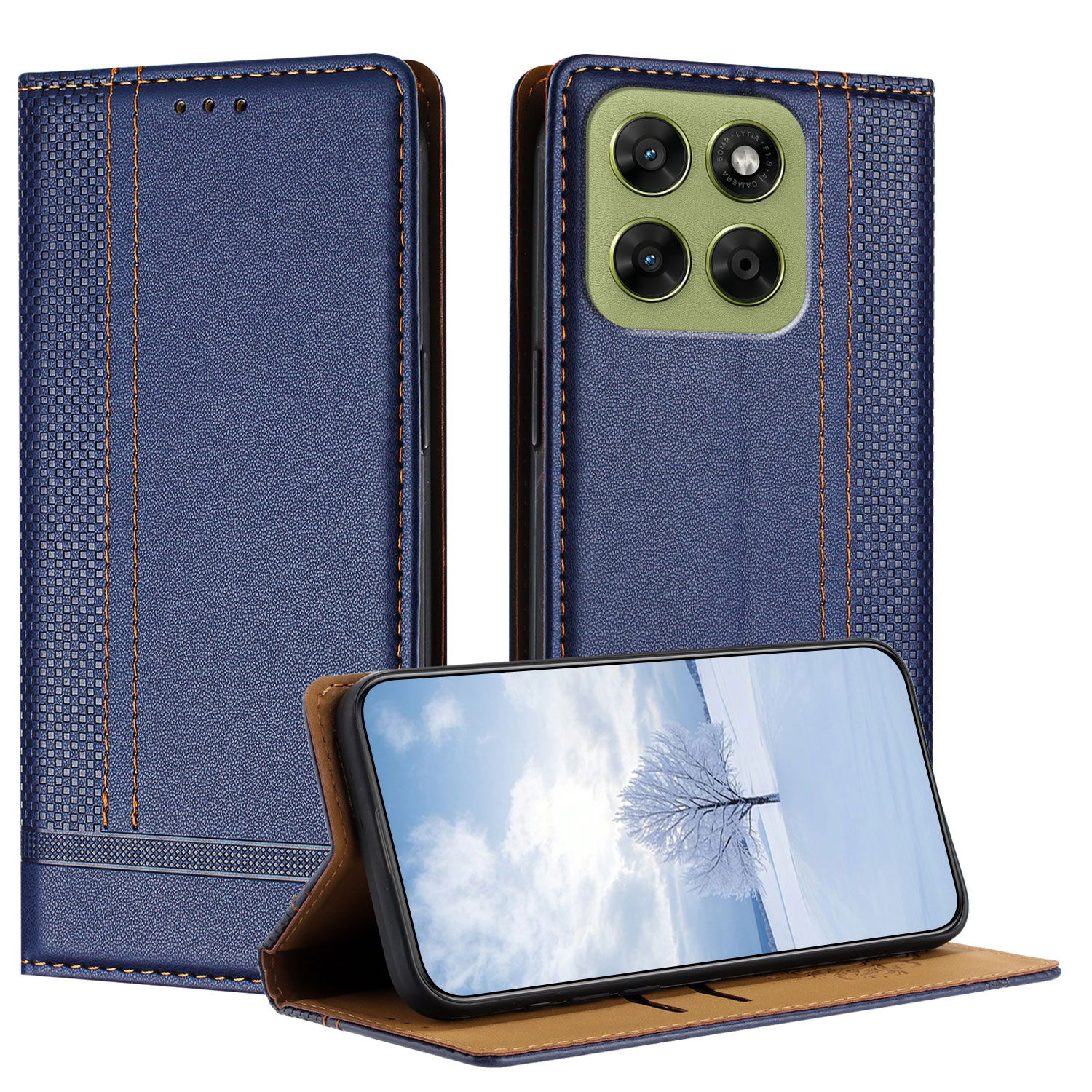 For Motorola Moto G67 5G / Motorola Moto G77 5G Case L-Shaped Grid Pattern Leather Stand Phone Cover with Card Slots - Blue
