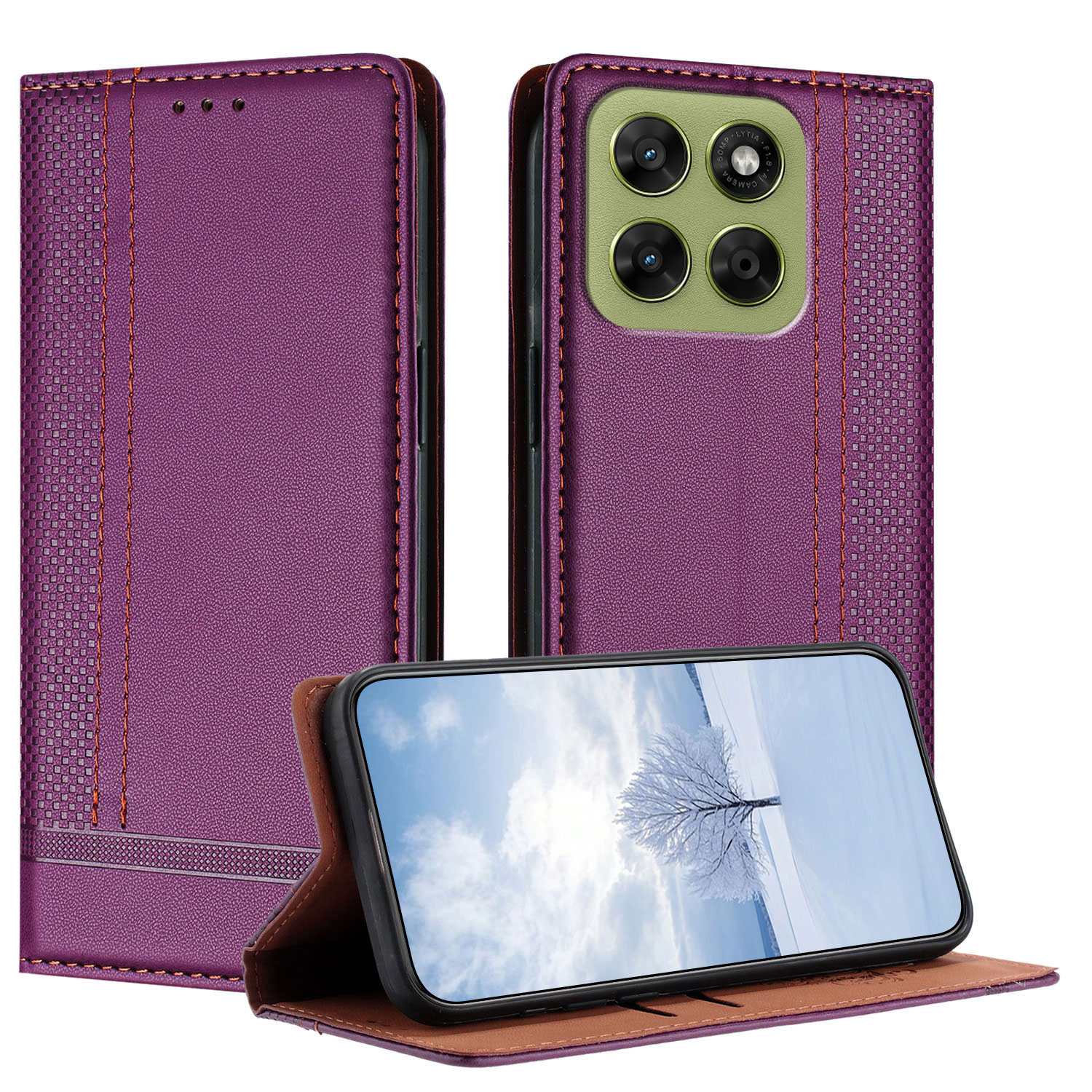 For Motorola Moto G67 5G / Motorola Moto G77 5G Case L-Shaped Grid Pattern Leather Stand Phone Cover with Card Slots - Purple