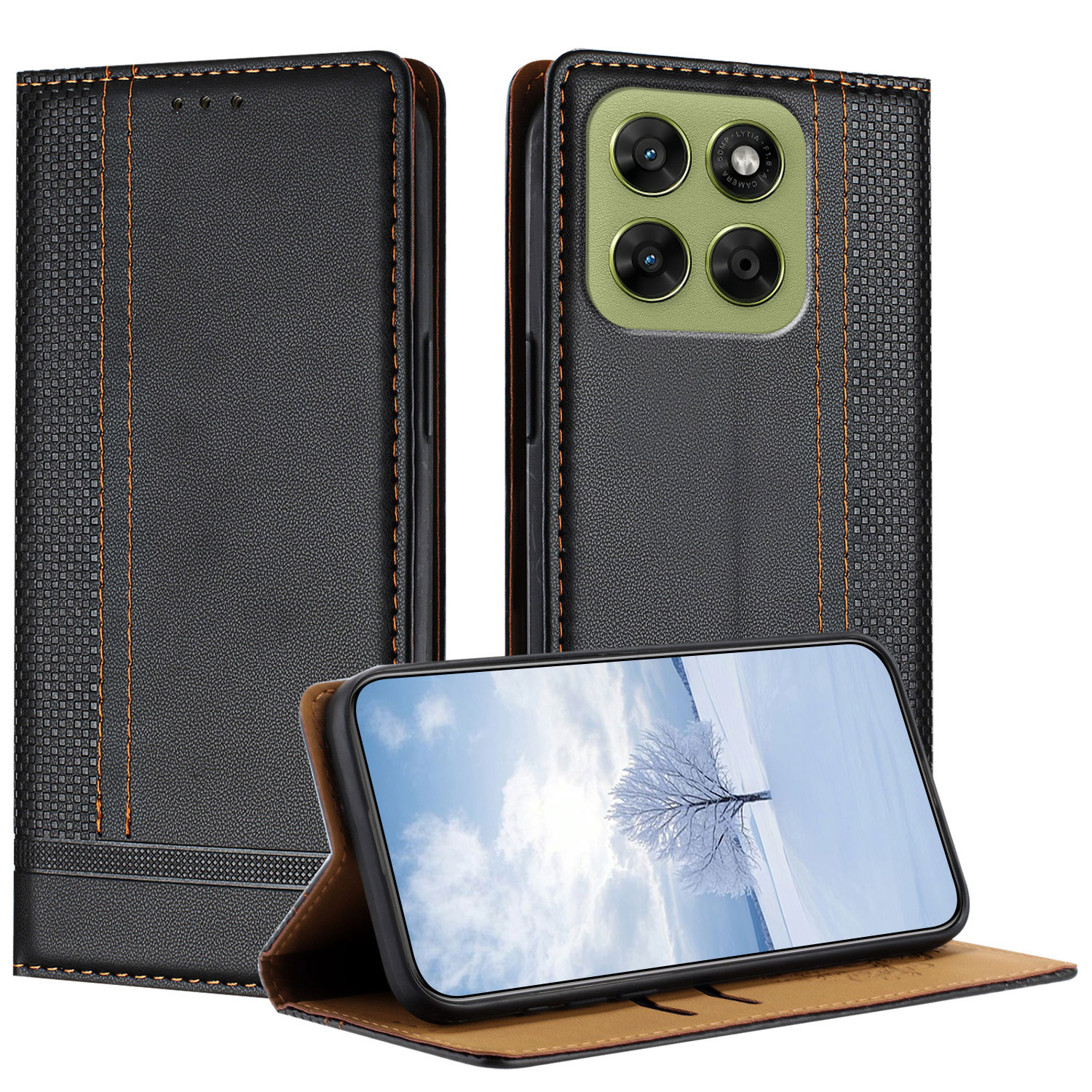 For Motorola Moto G67 5G / Motorola Moto G77 5G Case L-Shaped Grid Pattern Leather Stand Phone Cover with Card Slots - Black