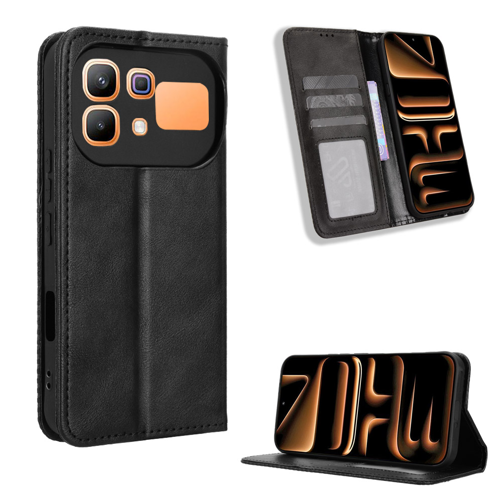 For Infinix Note 60 5G / Infinix Note 60 Pro 5G Leather Case Wallet Stand Retro Texture Phone Cover - Black