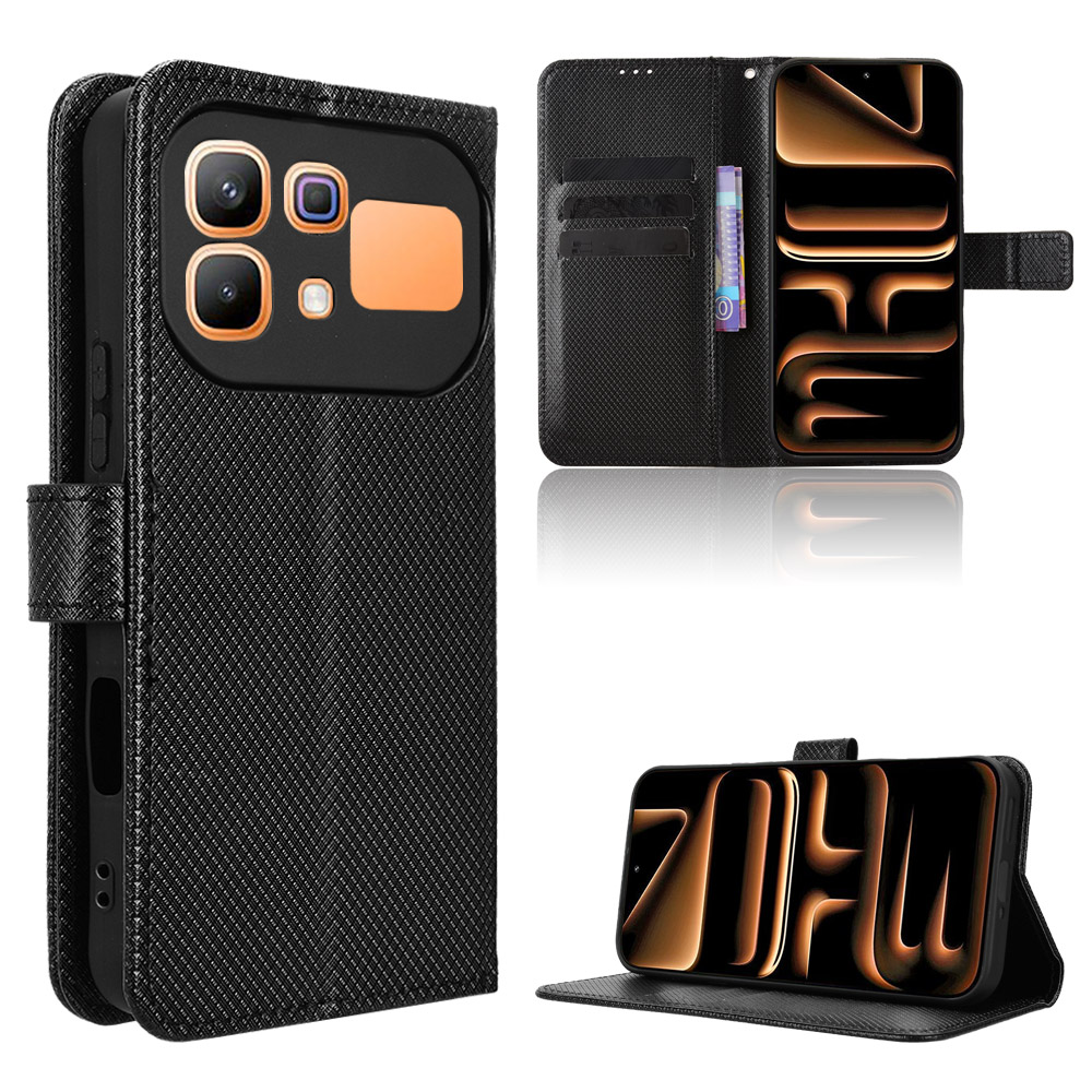 For Infinix Note 60 Pro 5G / Infinix Note 60 5G Leather Wallet Case with Strap Diamond Texture Phone Cover - Black
